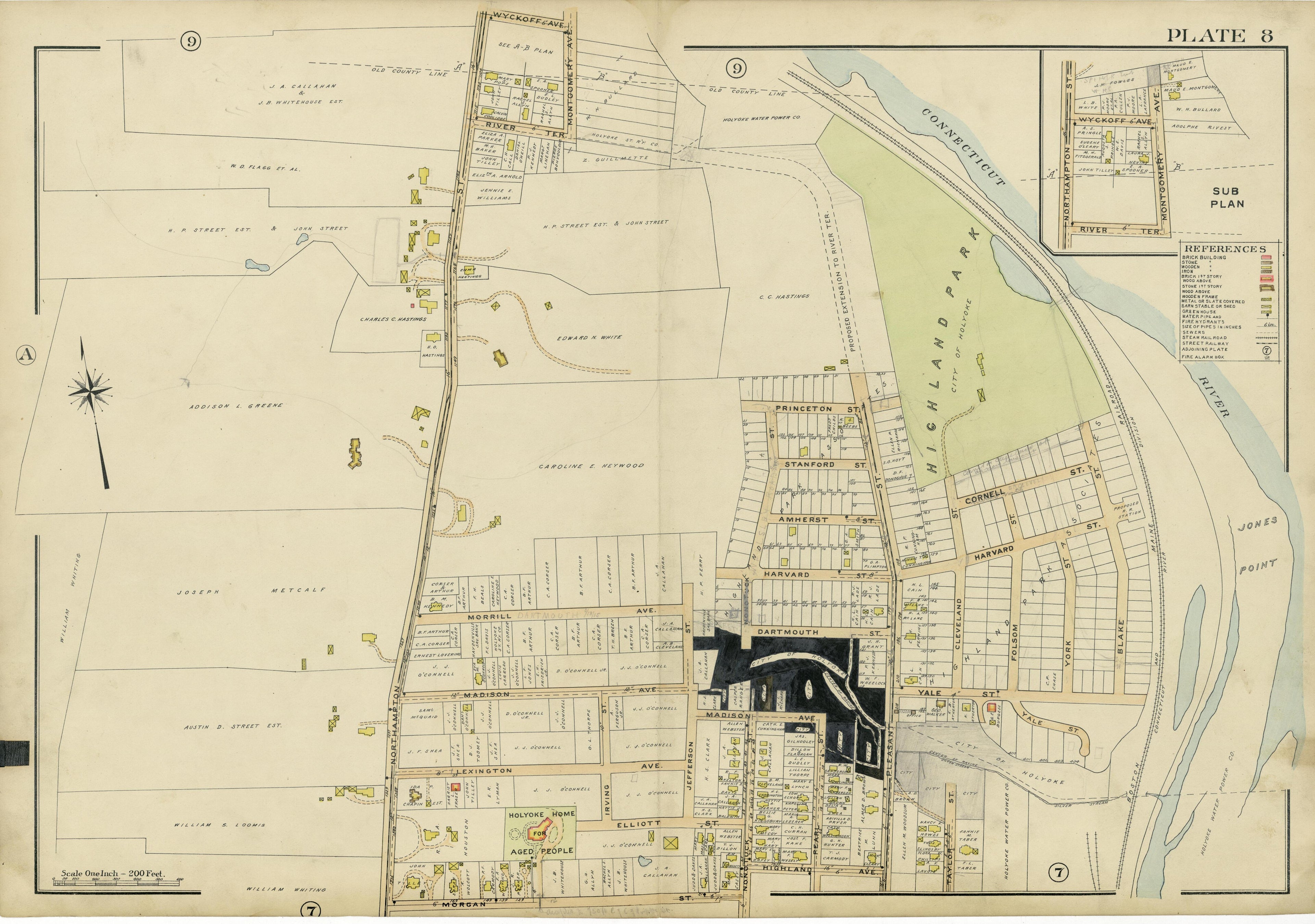 Plate 8 from Richards Standard Atlas of the City of Holyoke, Massachusetts : Containing Ten Double Page Maps In Colors, Covering the Entire City, Showing Every Lot Line, Building, Owners&