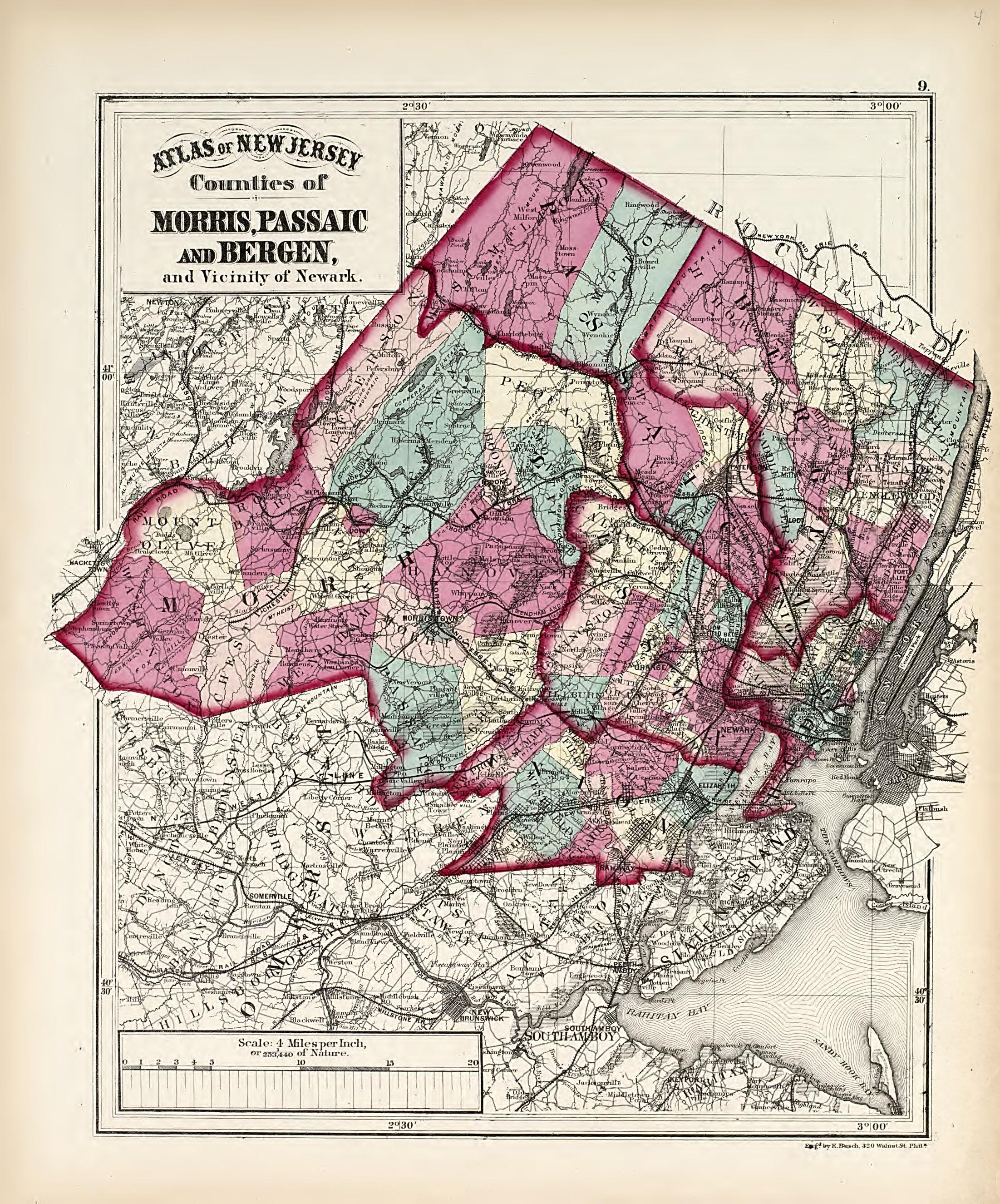 Counties of Morris, Passaic and Bergen and Vicinity of Newark from Combined Atlas of the State of New Jersey and the Late Township of Greenville, Now Part of Jersey City, from Actual Survey Official Records & Private Plans 1873 by Relic Map Company