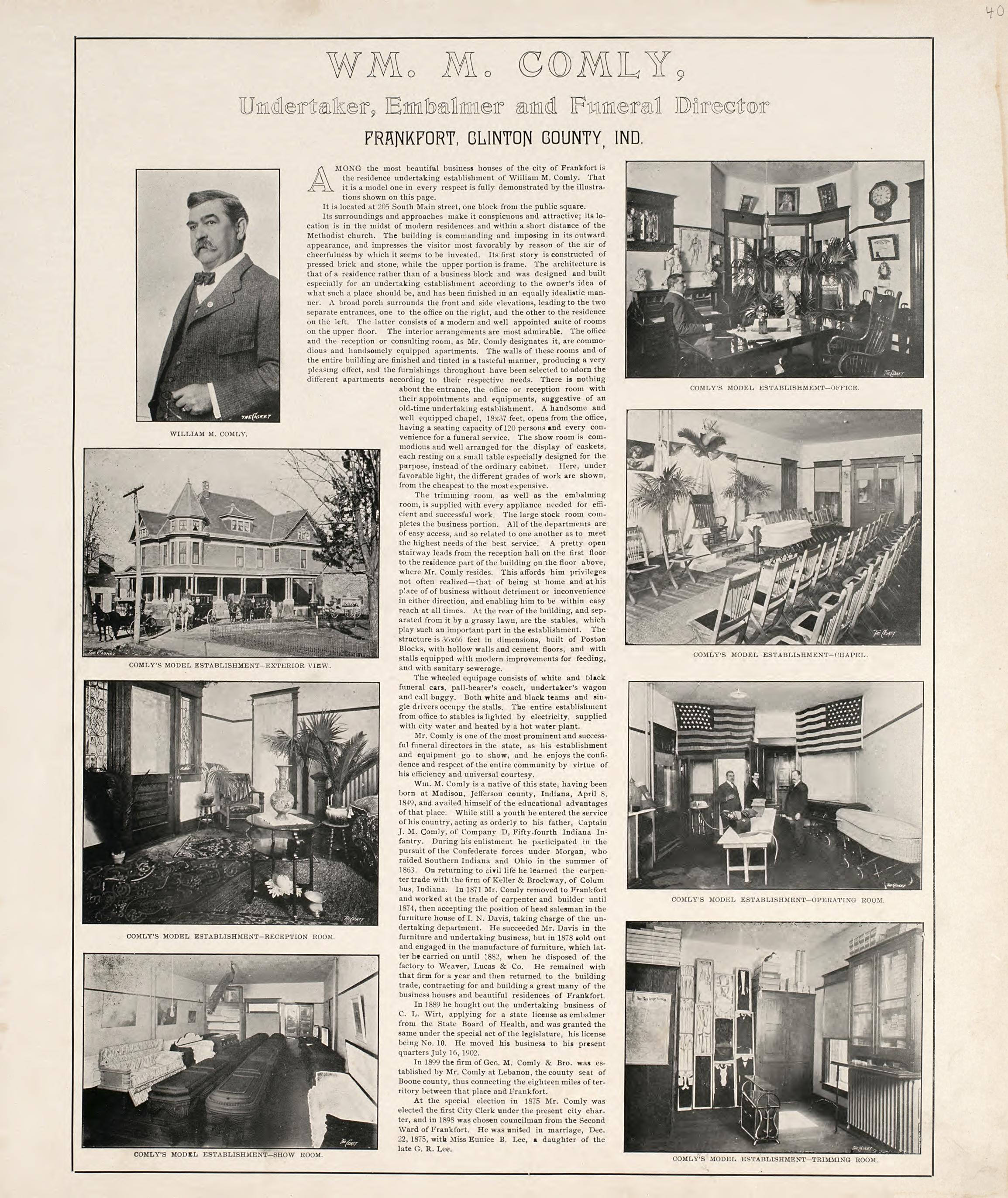 W.M. Comley, Undertaker, Embalmer and Funeral Director from 20th Century Atlas of Clinton County, Indiana : Containing Maps of Villages, Cities and Townships of the County, of the State, United States and World, Farmers Directory, Business Directory a... by Relic Map Company