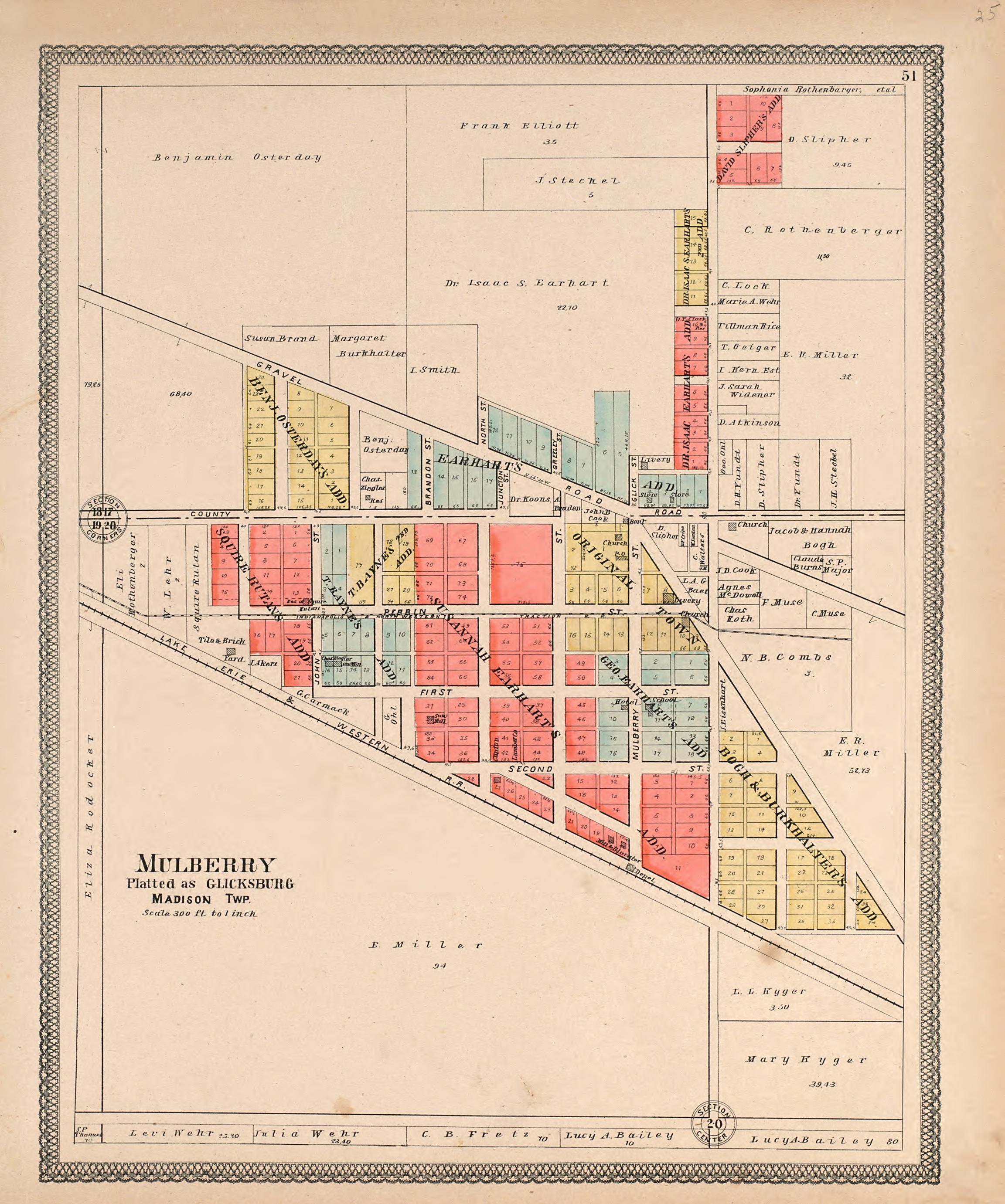 Mulberry Platted As Glicksburg, Madison Township from 20th Century Atlas of Clinton County, Indiana : Containing Maps of Villages, Cities and Townships of the County, of the State, United States and World, Farmers Directory, Business Directory and Gen... by Relic Map Company