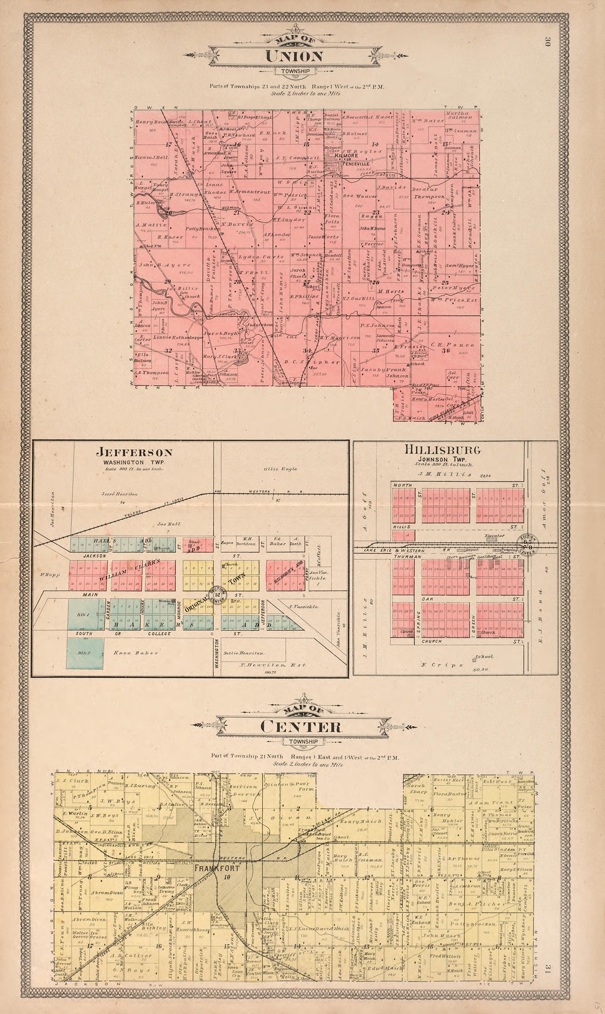 Union; Jefferson, Washington Township; Hillisburg, Johnson Township; Map of Center Township from 20th Century Atlas of Clinton County, Indiana : Containing Maps of Villages, Cities and Townships of the County, of the State, United States and World, Fa... by Relic Map Company