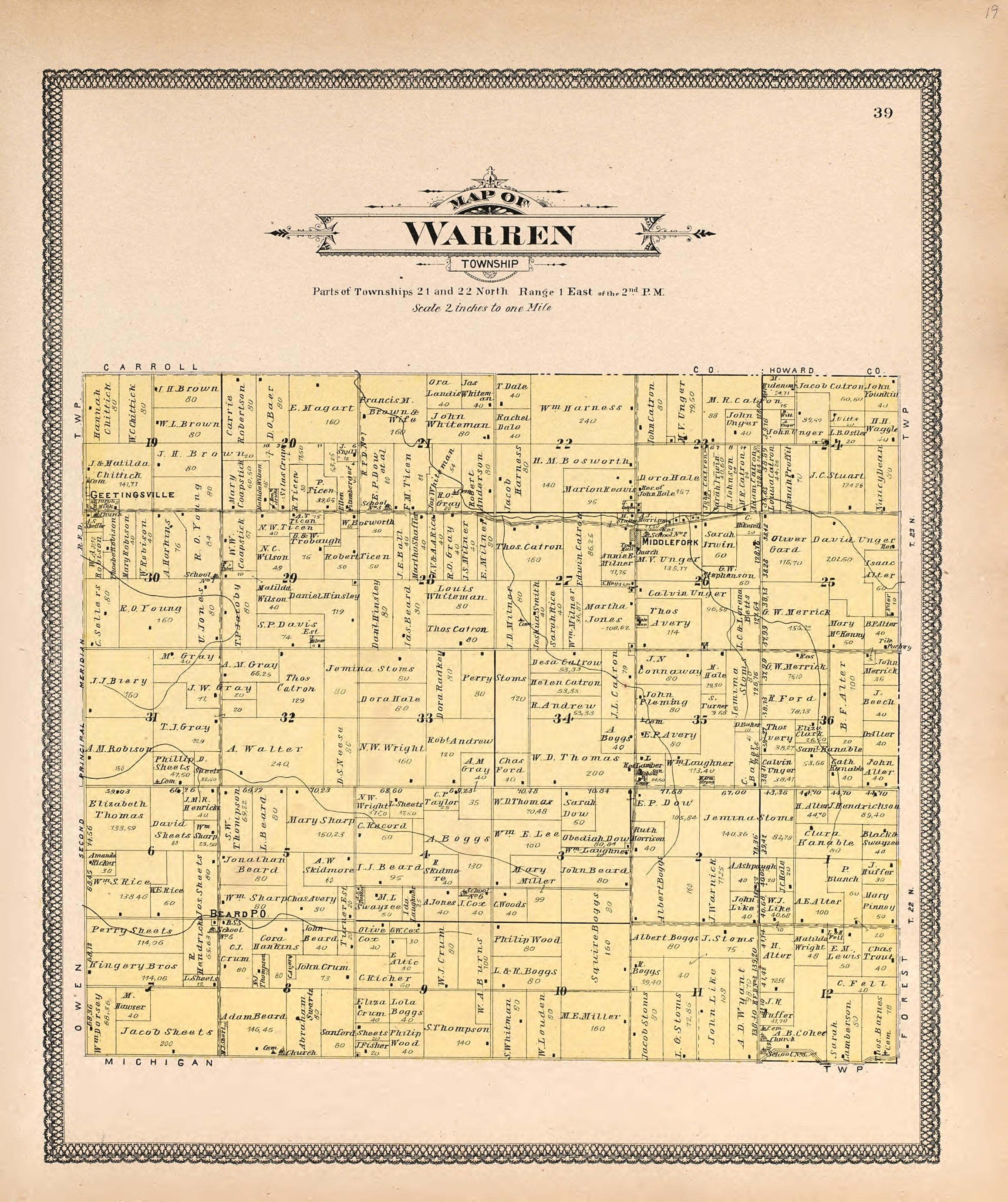 Map of Warren Township from 20th Century Atlas of Clinton County, Indiana : Containing Maps of Villages, Cities and Townships of the County, of the State, United States and World, Farmers Directory, Business Directory and General Information, … 1903 by Relic Map Company