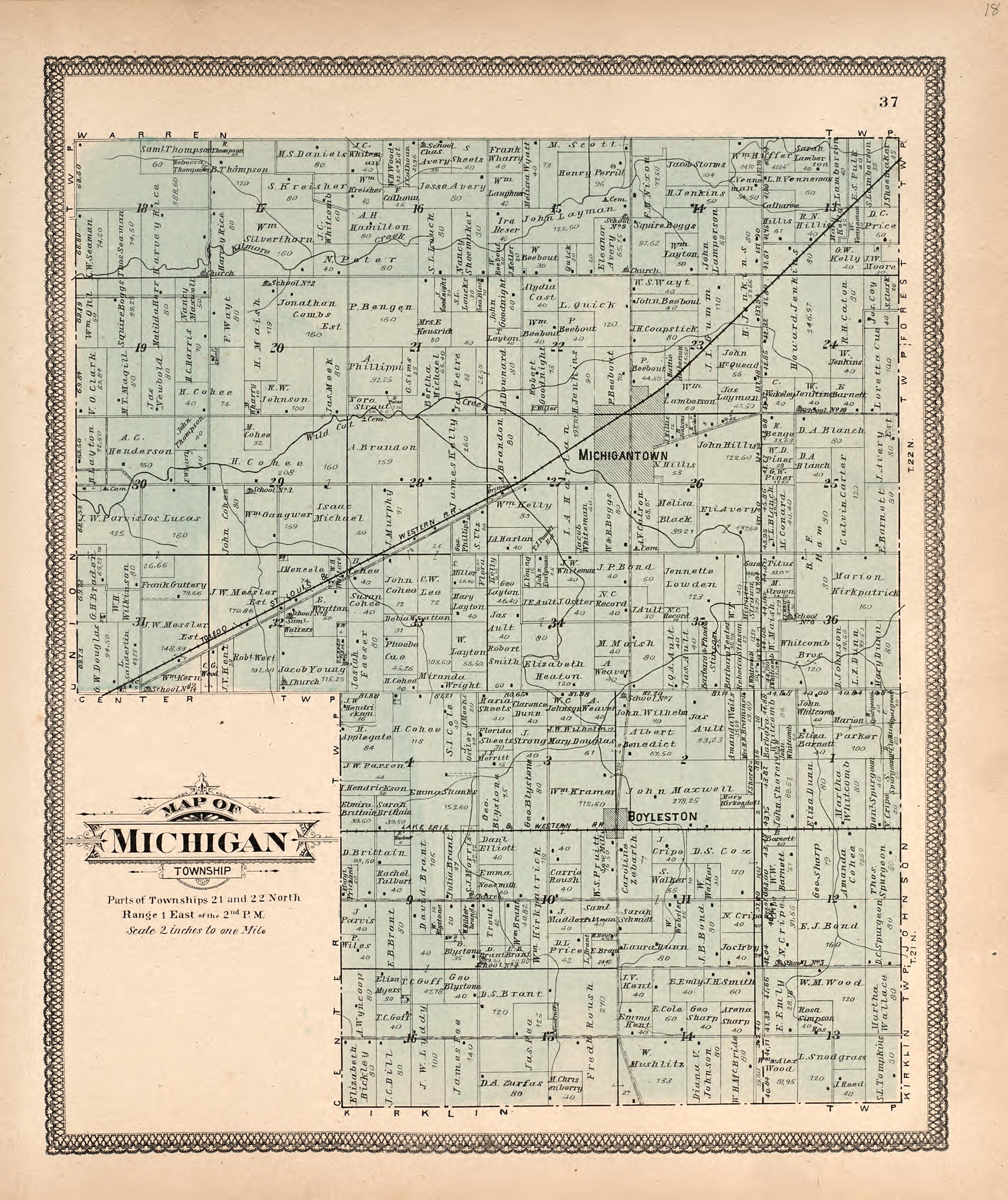 Map of Michigan Township from 20th Century Atlas of Clinton County, Indiana : Containing Maps of Villages, Cities and Townships of the County, of the State, United States and World, Farmers Directory, Business Directory and General Information, … 1903 by Relic Map Company