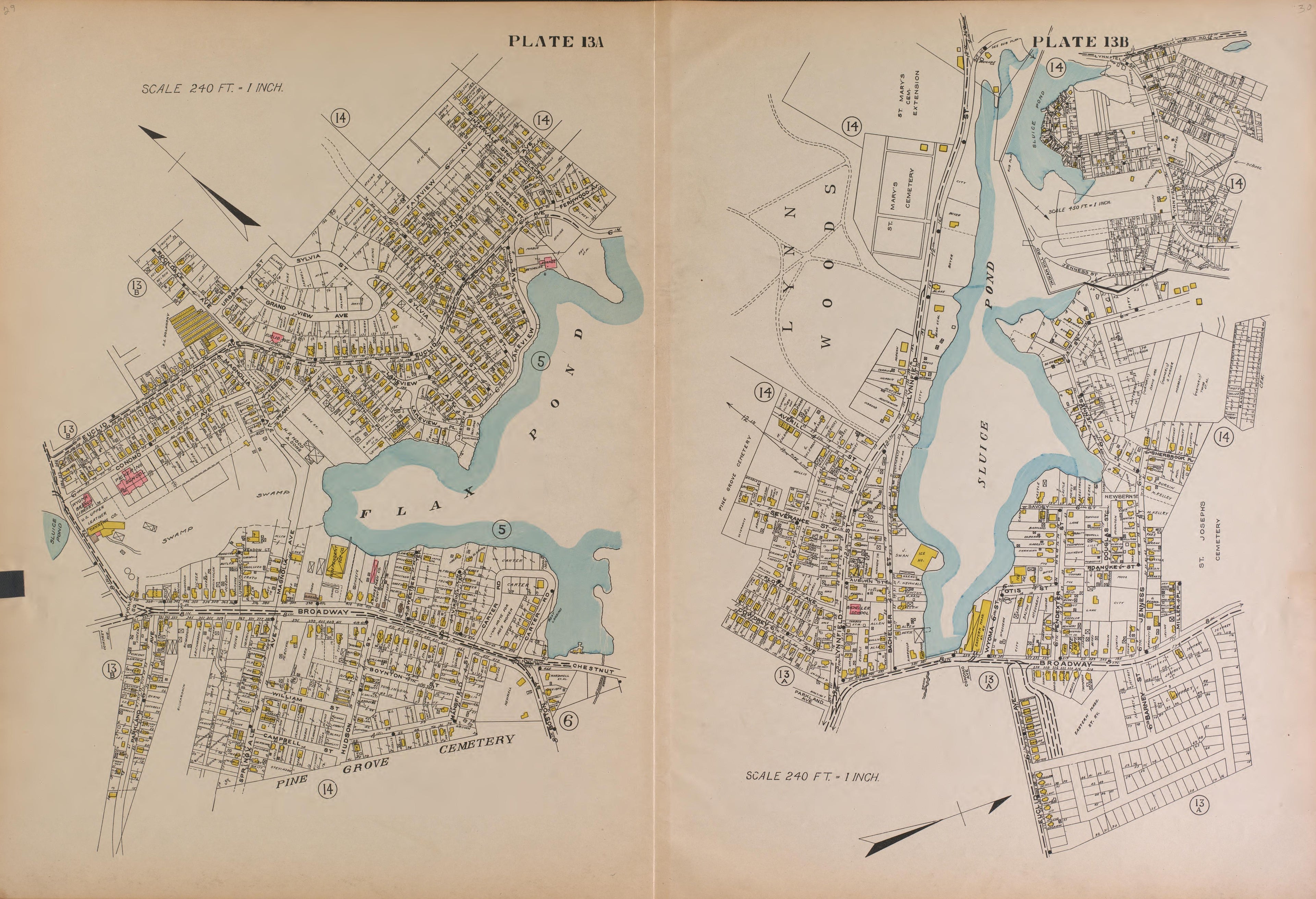 Lynn, Plate 13A and 13B from Richards Standard Atlas of the City of Lynn and the Towns of Swampscott, Saugus and Nahant, Massachusetts : from Official Records, Private Plans and Actual Surveys 1924 by Relic Map Company