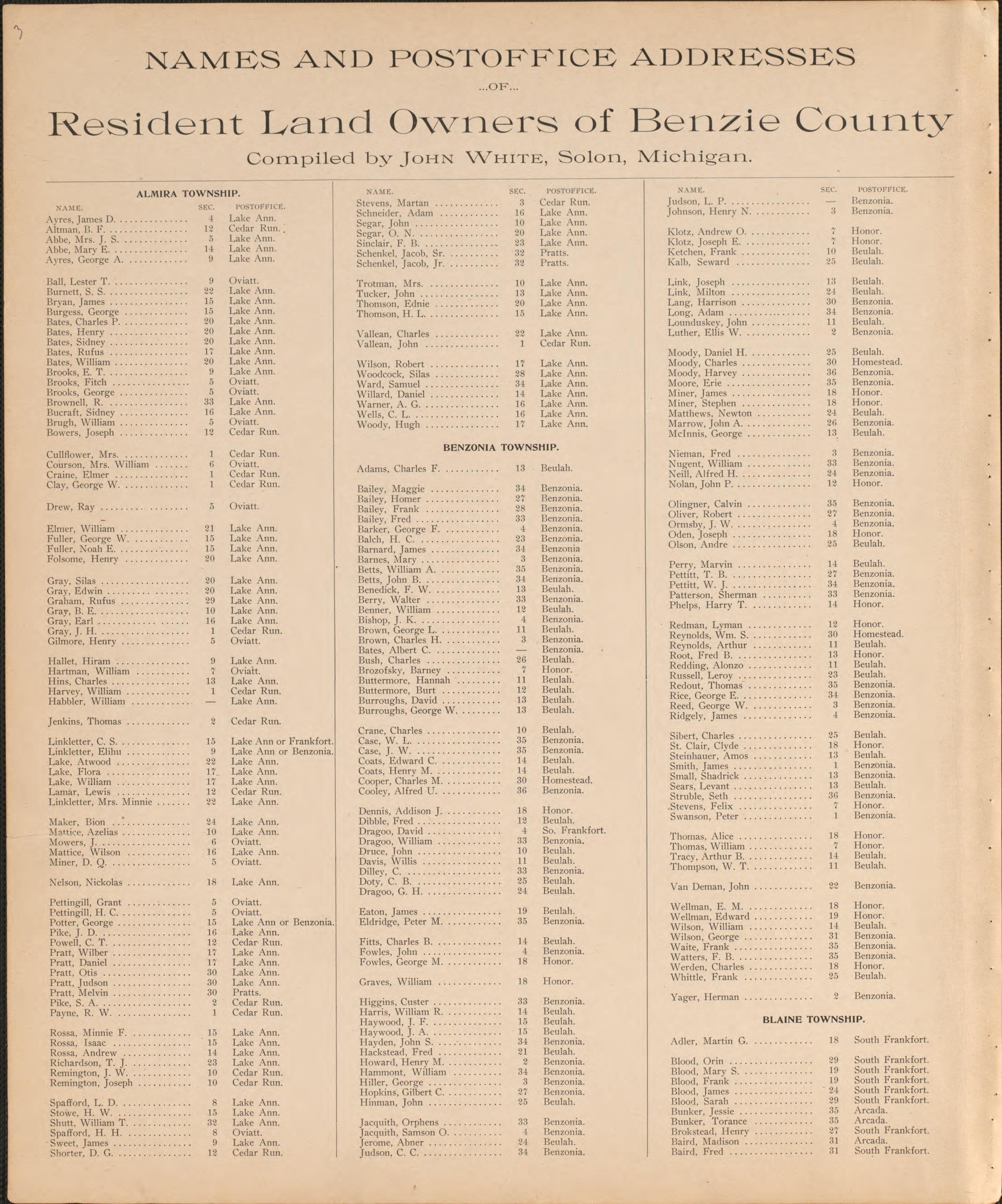 Resident Land Owners of Benzie County from Atlas of Benzie County, Michigan : With Maps of Michigan, United States and the World, Alaska, Cuba, Porto Rico, Hawaii and the Philippines : Also a Complete Mailing List of All Resident … 1901 by Relic Map Company