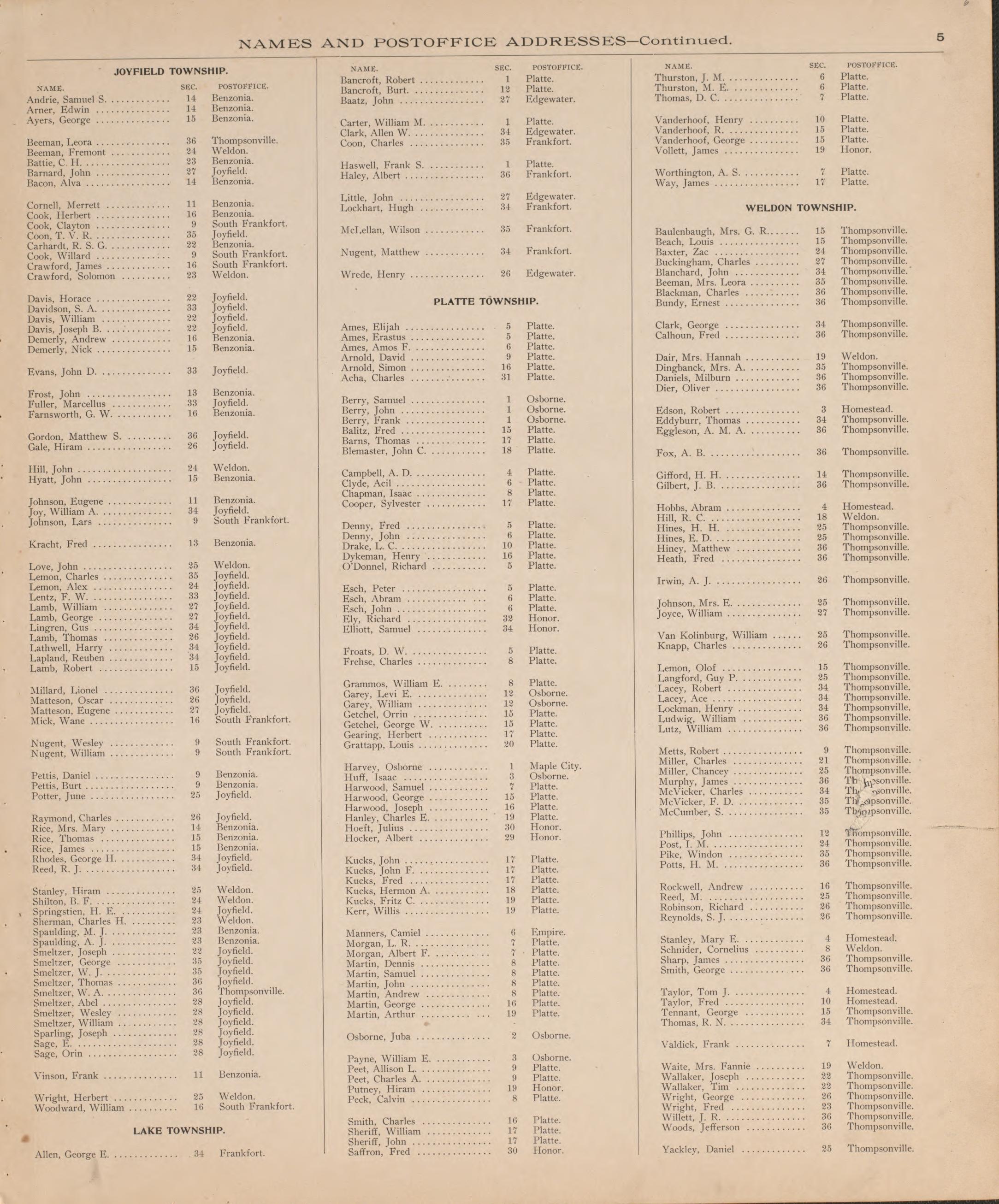 Resident Land Owners of Benzie County, P. 4 from Atlas of Benzie County, Michigan : With Maps of Michigan, United States and the World, Alaska, Cuba, Porto Rico, Hawaii and the Philippines : Also a Complete Mailing List of All Resident … 1901 by Relic Map Company