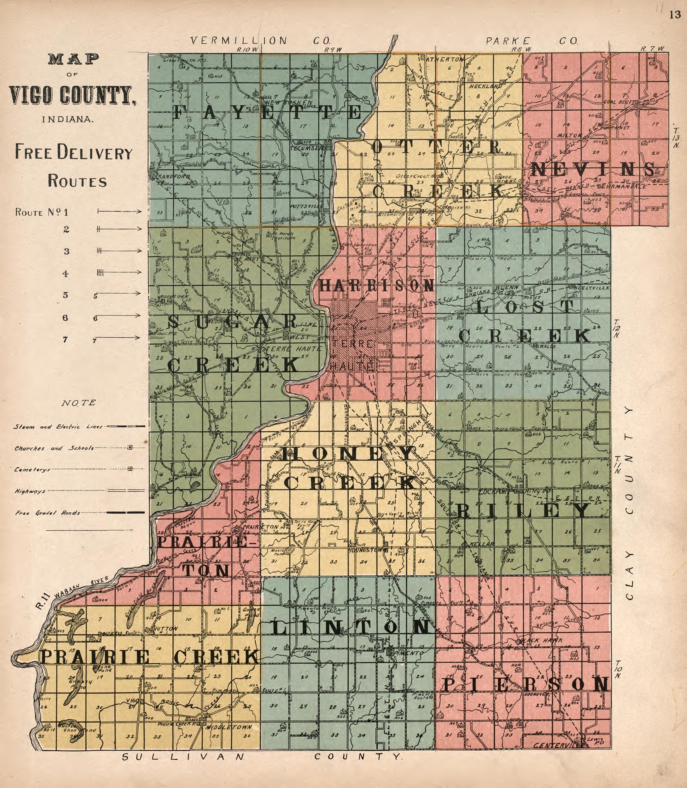Map of Vigo County, Indiana Free Delivery Routes from Standard Atlas of Vigo County, Indiana : Including a Plat Book of the Villages, Cities and Townships of the County, Map of State and United States and World 1907 by Relic Map Company