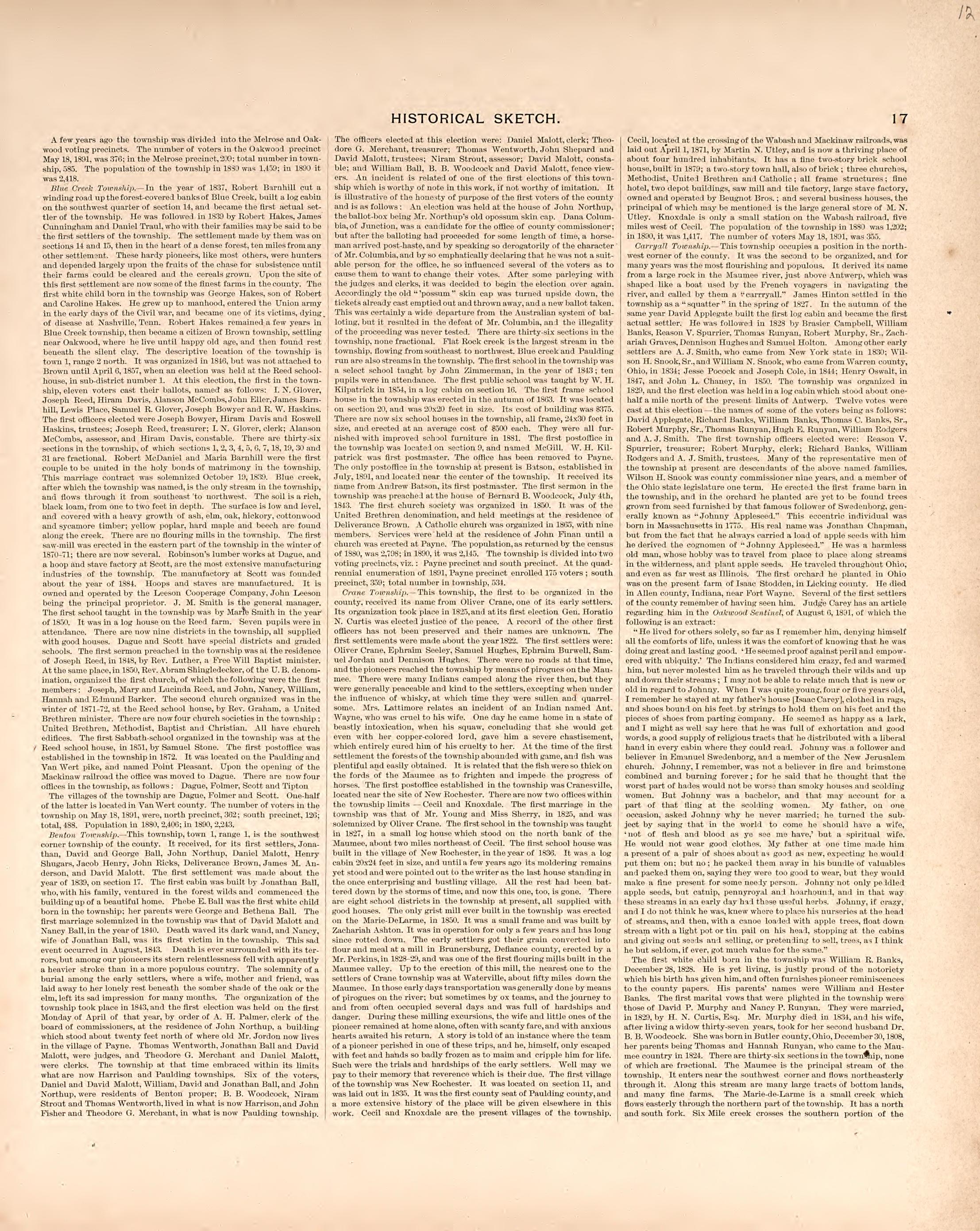 Historical Sketch from Historical Atlas of Paulding County, Ohio : Containing Maps of Paulding County, Townships, Towns and Villages : Also Maps of the United States and State of Ohio, Together With a Statement of … 1892 by Relic Map Company