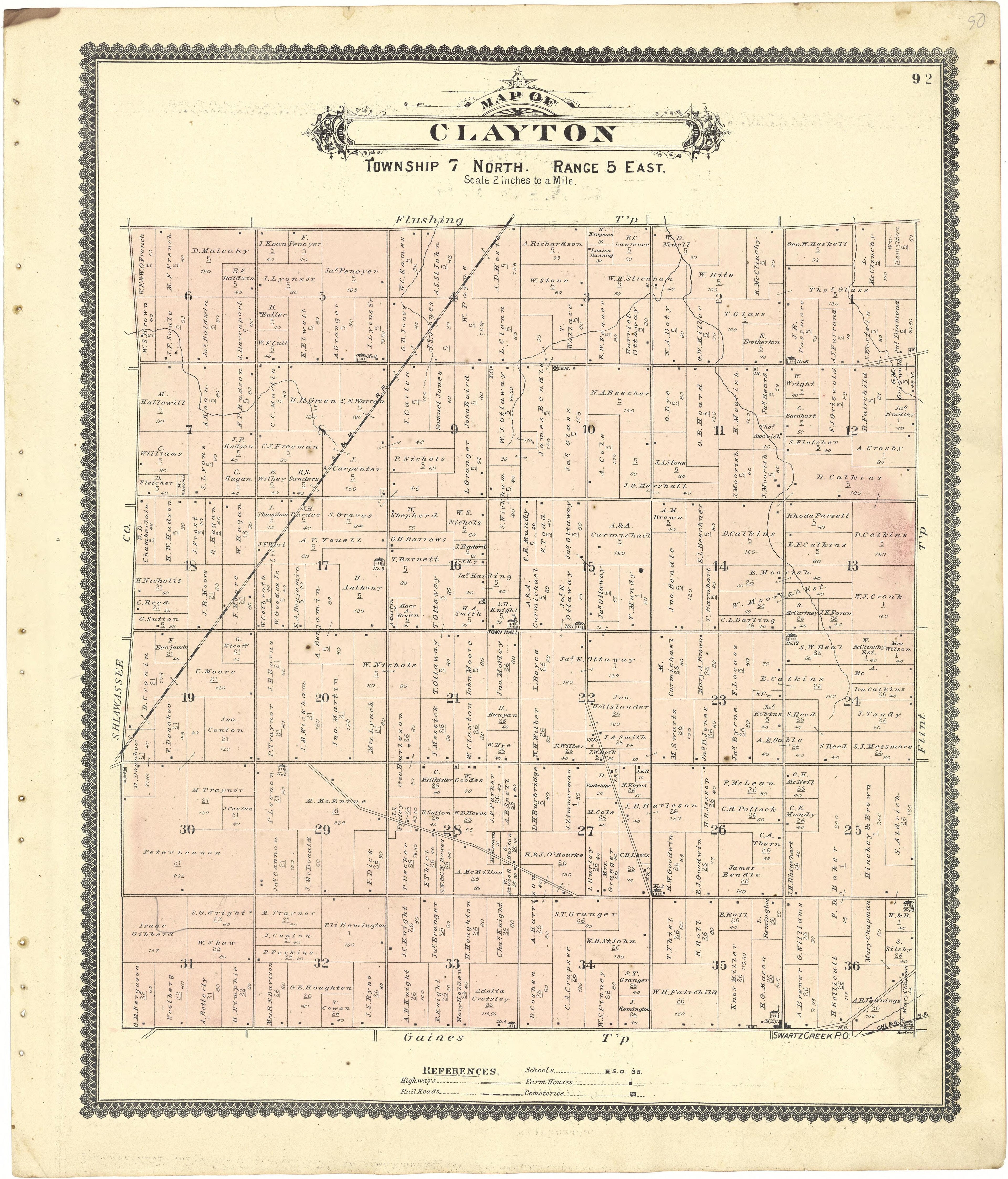 Map of Clayton from Atlas of Genesee County, Michigan : Containing Maps of Every Township In the County, With Village and City Plats ... : from Actual Surveys and Official Records 1889 by Relic Map Company