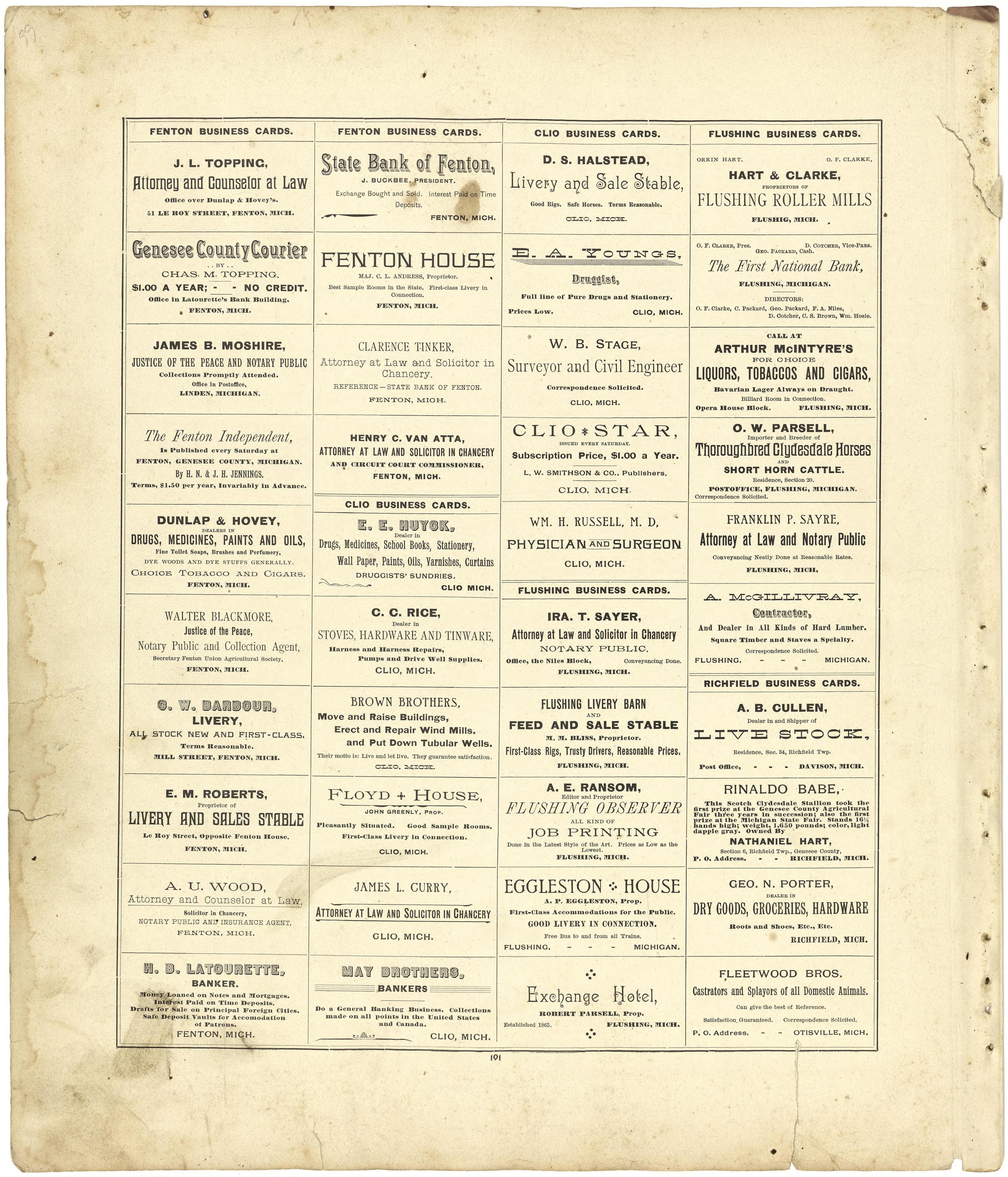 Business Cards from Atlas of Genesee County, Michigan : Containing Maps of Every Township In the County, With Village and City Plats ... : from Actual Surveys and Official Records 1889 by Relic Map Company