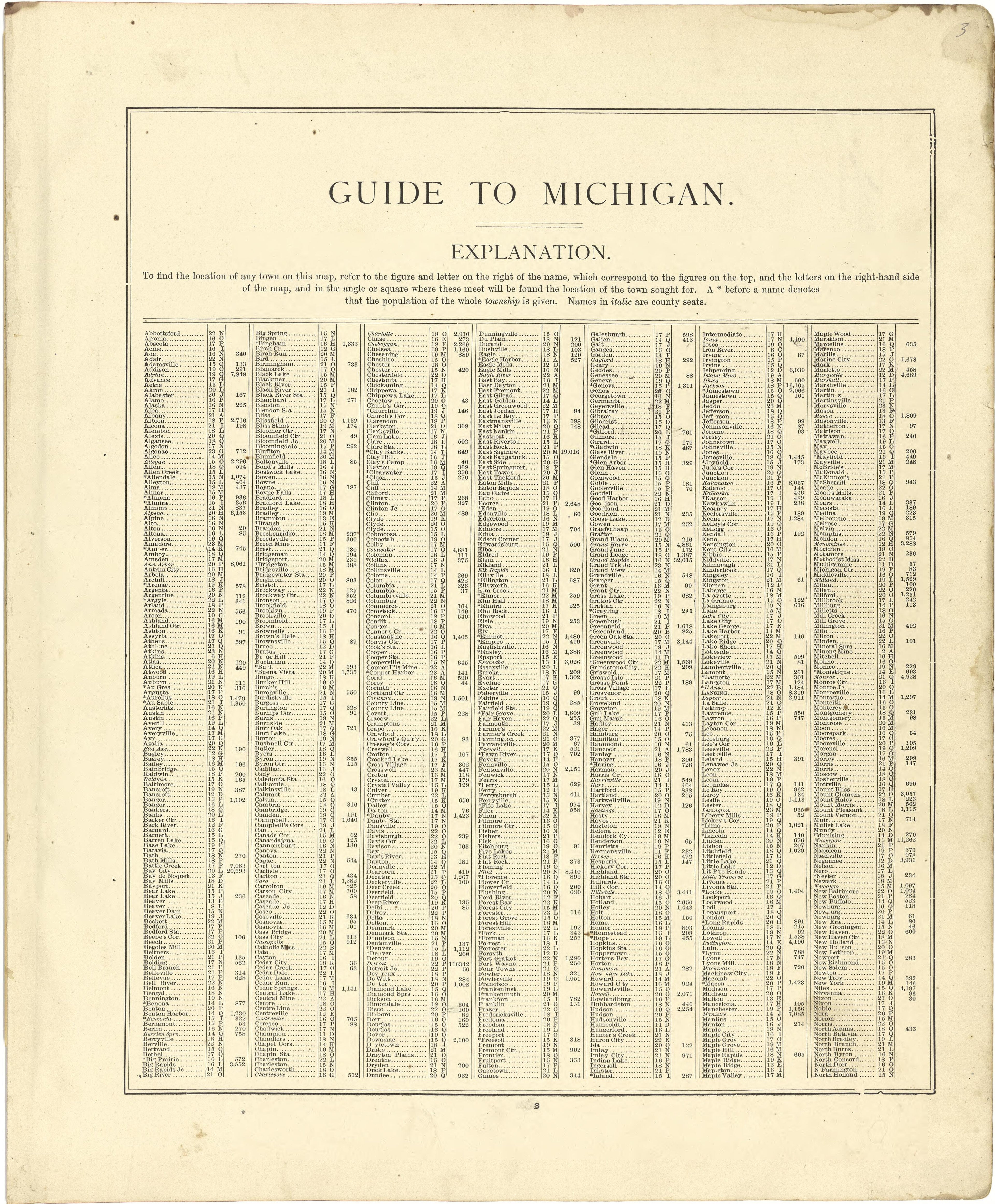 Guide to Michigan from Atlas of Genesee County, Michigan : Containing Maps of Every Township In the County, With Village and City Plats ... : from Actual Surveys and Official Records 1889 by Relic Map Company