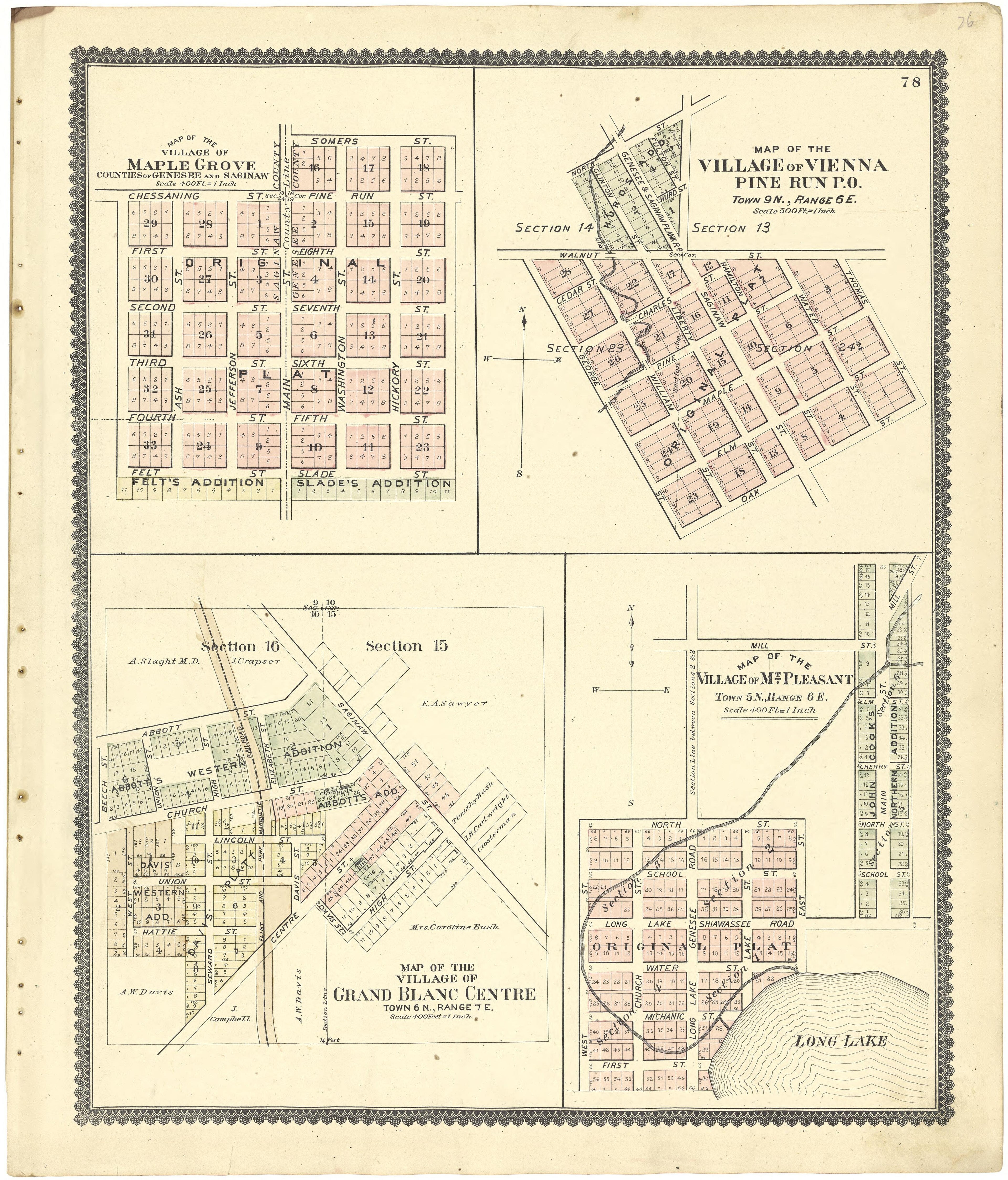 Map of the Village of Maple Grove; Map of the Village of Vienna Pine Run P.O. from Atlas of Genesee County, Michigan : Containing Maps of Every Township In the County, With Village and City Plats ... : from Actual Surveys and Official Records 1889 by Relic Map Company