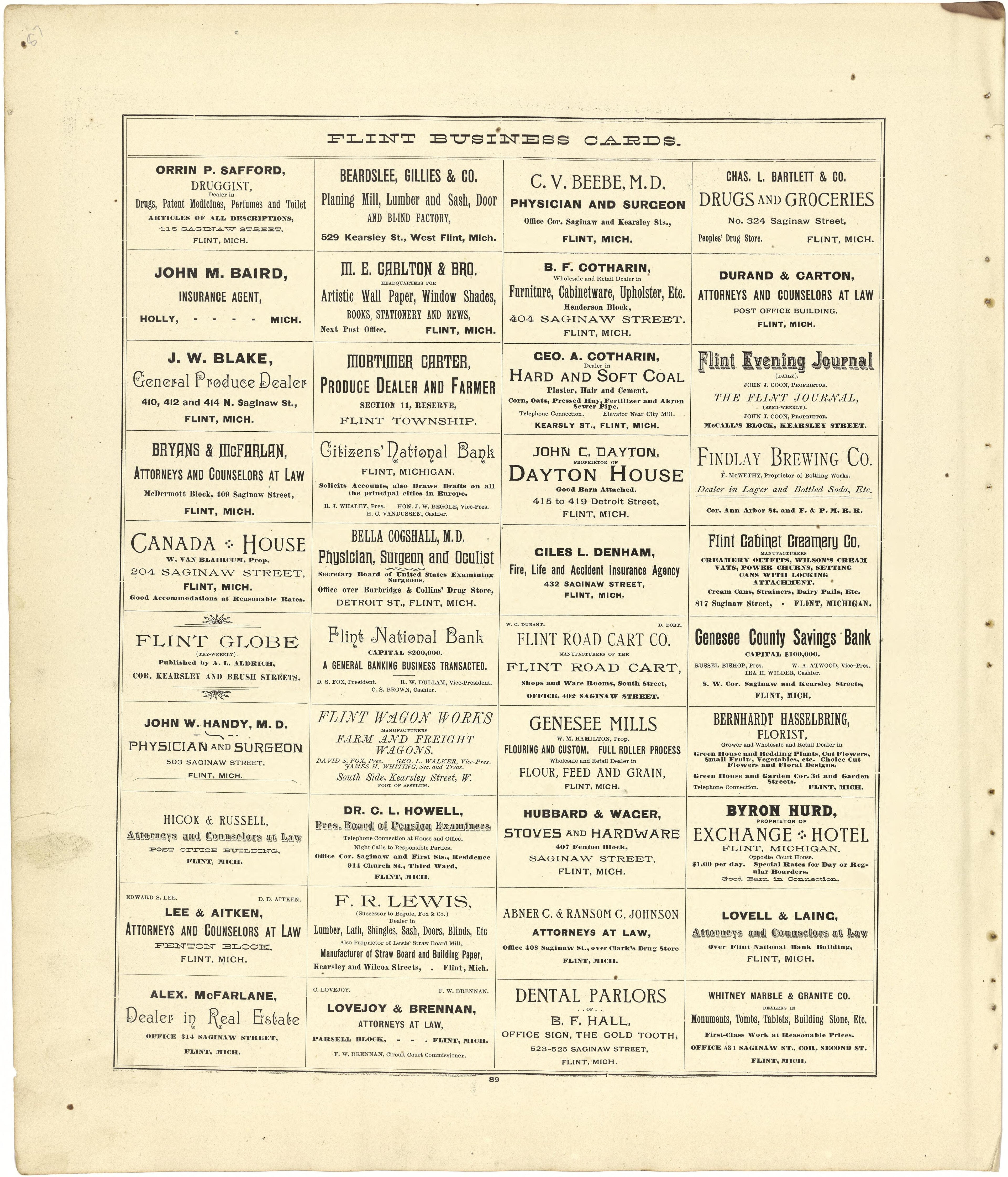 Flint Business Cards from Atlas of Genesee County, Michigan : Containing Maps of Every Township In the County, With Village and City Plats ... : from Actual Surveys and Official Records 1889 by Relic Map Company