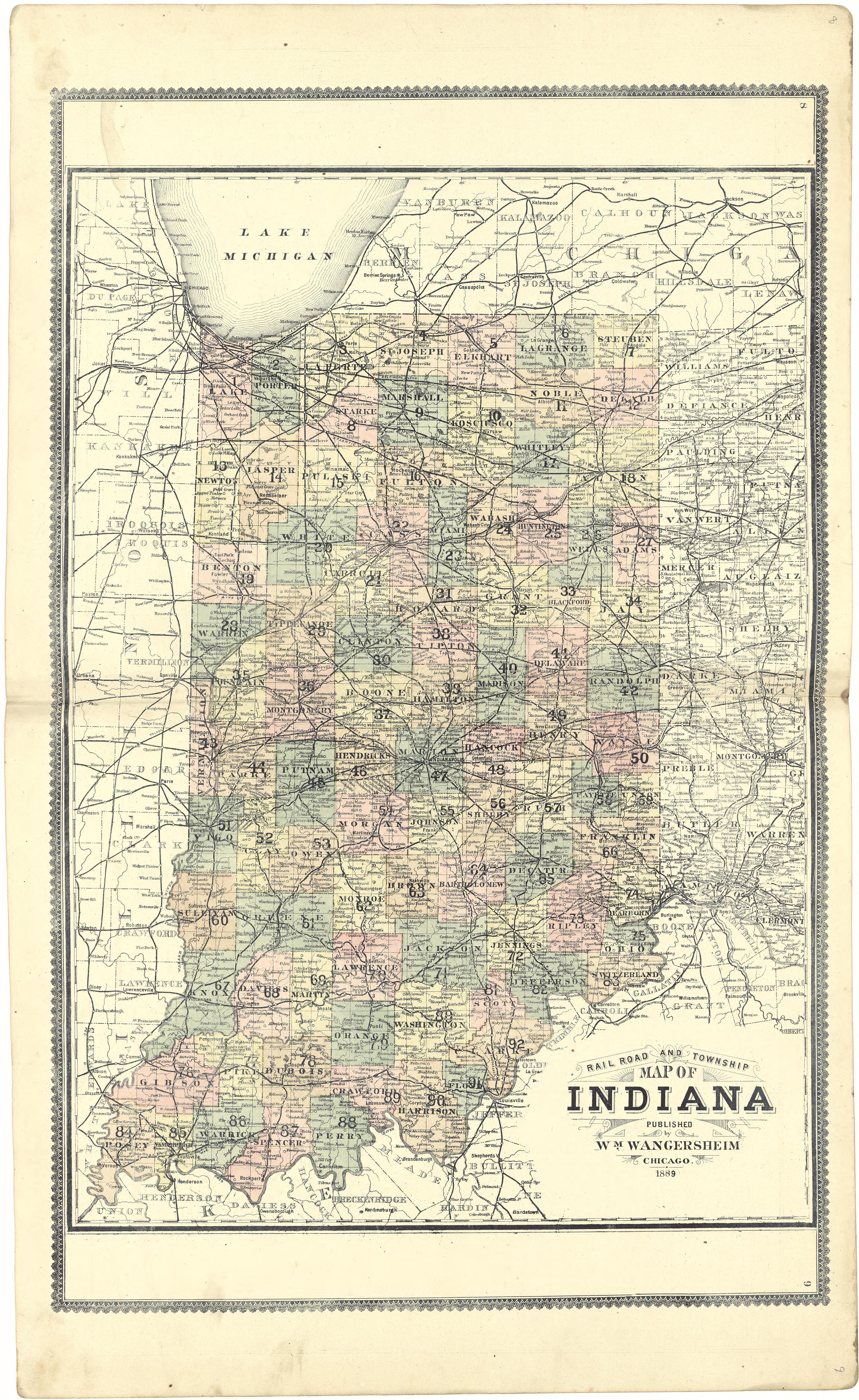 Railroad and Township Map of Indiana from Atlas of Genesee County, Michigan : Containing Maps of Every Township In the County, With Village and City Plats ... : from Actual Surveys and Official Records 1889 by Relic Map Company