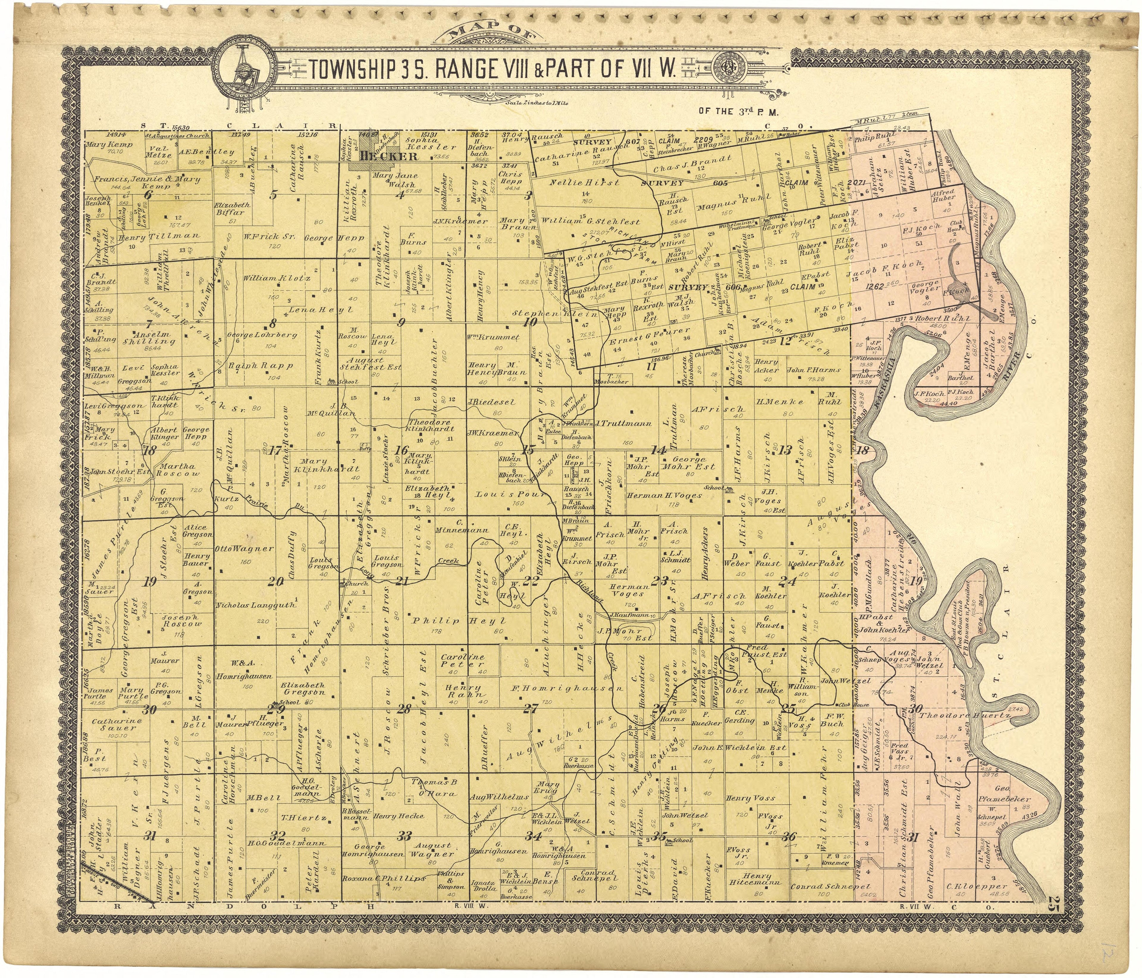 Map of Township 3 S. Range VIII W. from Standard Atlas of Monroe County, Illinois : Including a Plat Book of the Villages, Cities and Townships of the County, Map of the State, United States and World, Patrons Directory, Reference Business … 1901 by Relic Map Company