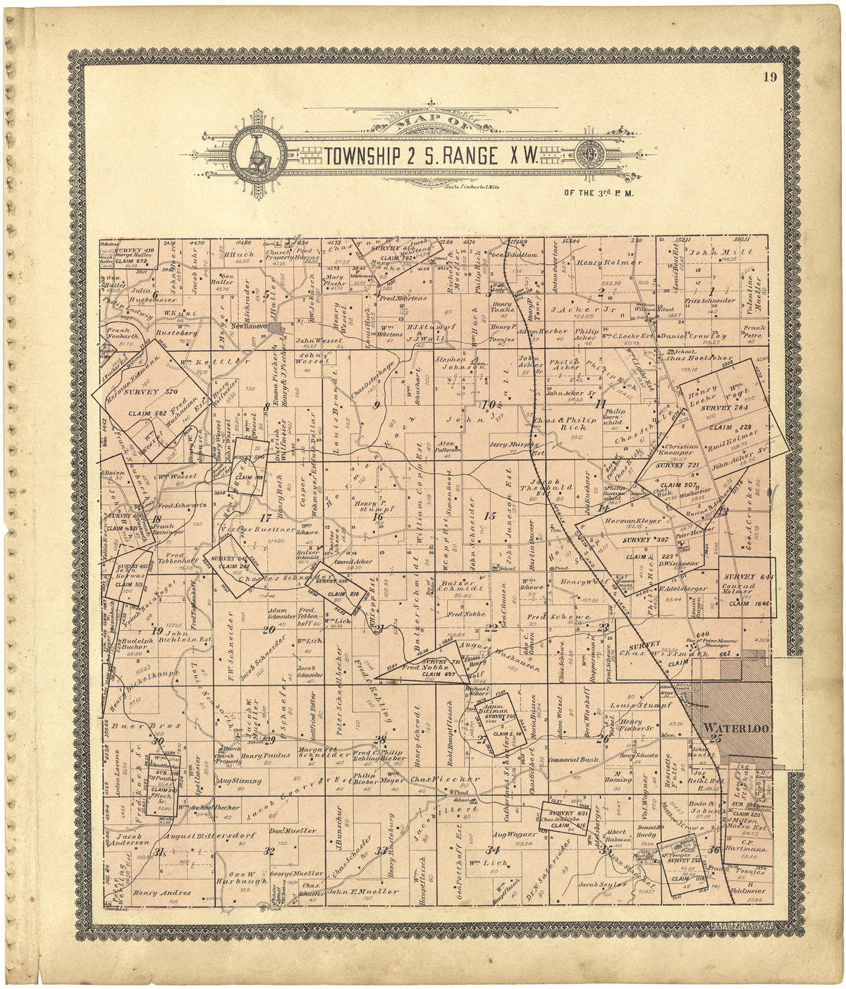 Map of Township 2 S. Range X W. from Standard Atlas of Monroe County, Illinois : Including a Plat Book of the Villages, Cities and Townships of the County, Map of the State, United States and World, Patrons Directory, Reference Business … 1901 by Relic Map Company