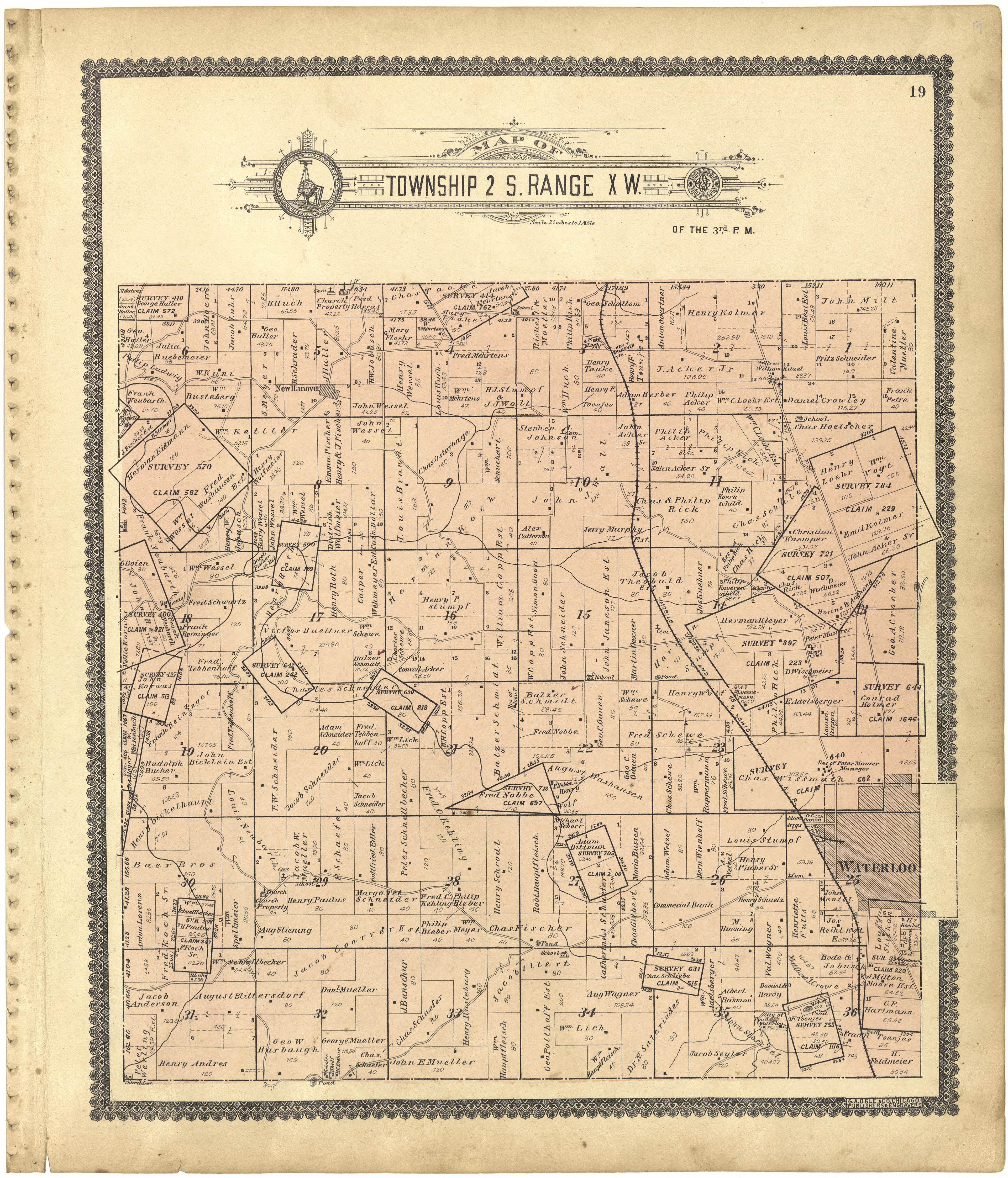 Map of Township 2 S. Range X W. from Standard Atlas of Monroe County, Illinois : Including a Plat Book of the Villages, Cities and Townships of the County, Map of the State, United States and World, Patrons Directory, Reference Business … 1901 by Relic Map Company