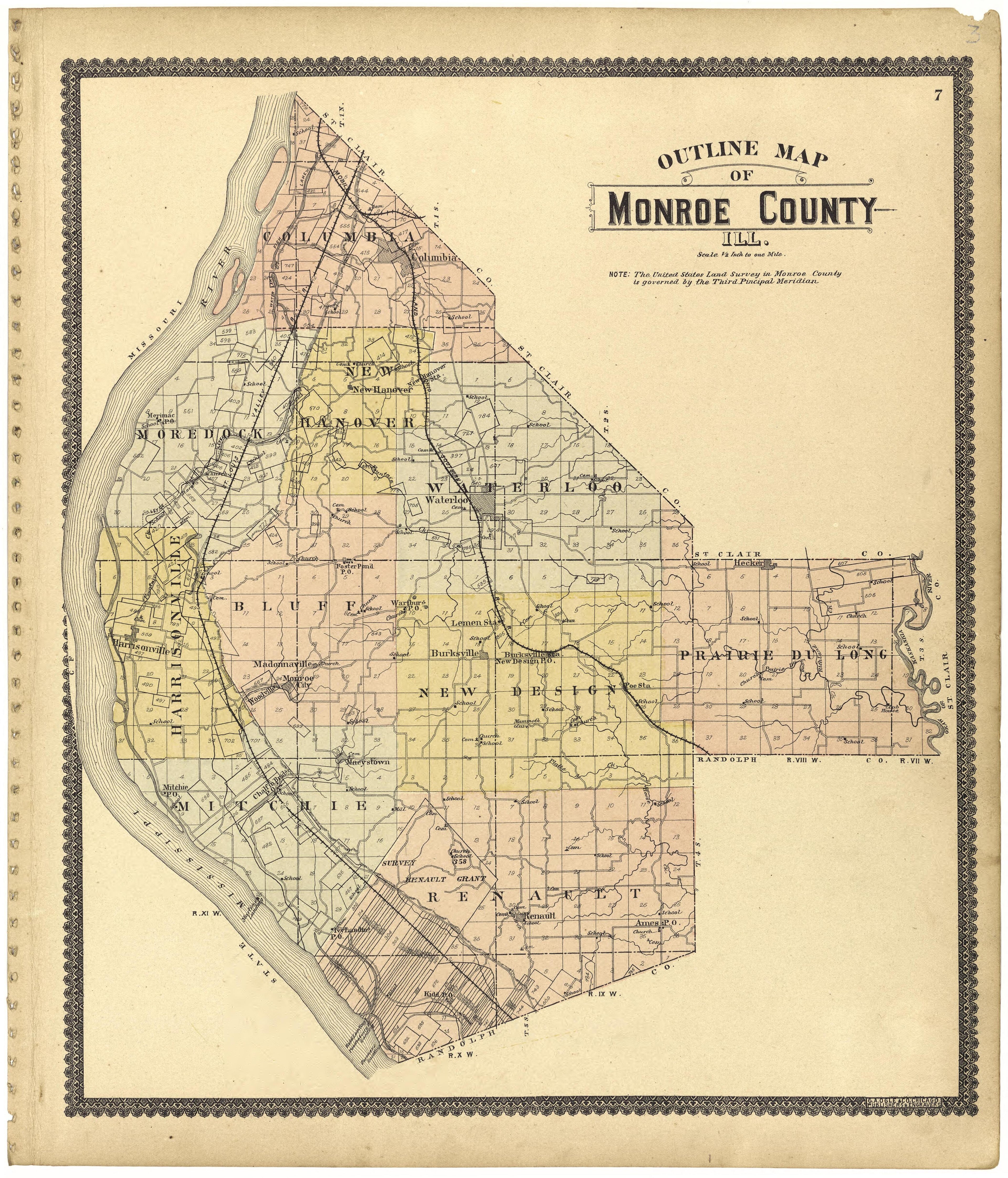 Outline Map of Monroe County, Illinois from Standard Atlas of Monroe County, Illinois : Including a Plat Book of the Villages, Cities and Townships of the County, Map of the State, United States and World, Patrons Directory, Reference Business … 1901 by Relic Map Company