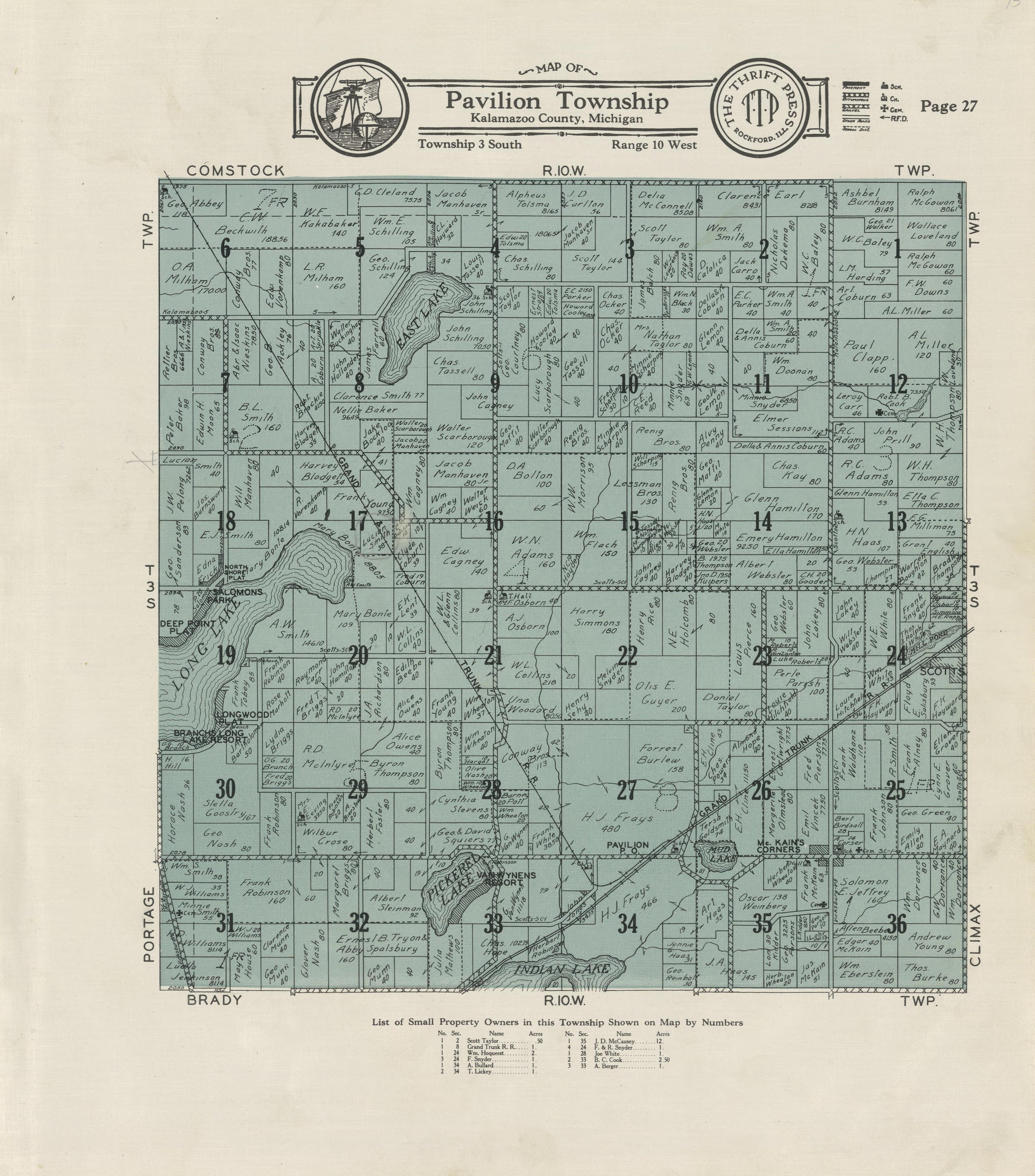 Map of Pavilion Township from Plat Book of Kalamazoo County, Michigan : Compiled from Surveys and the Public Records of Kalamazoo County, Michigan 1928 by Relic Map Company