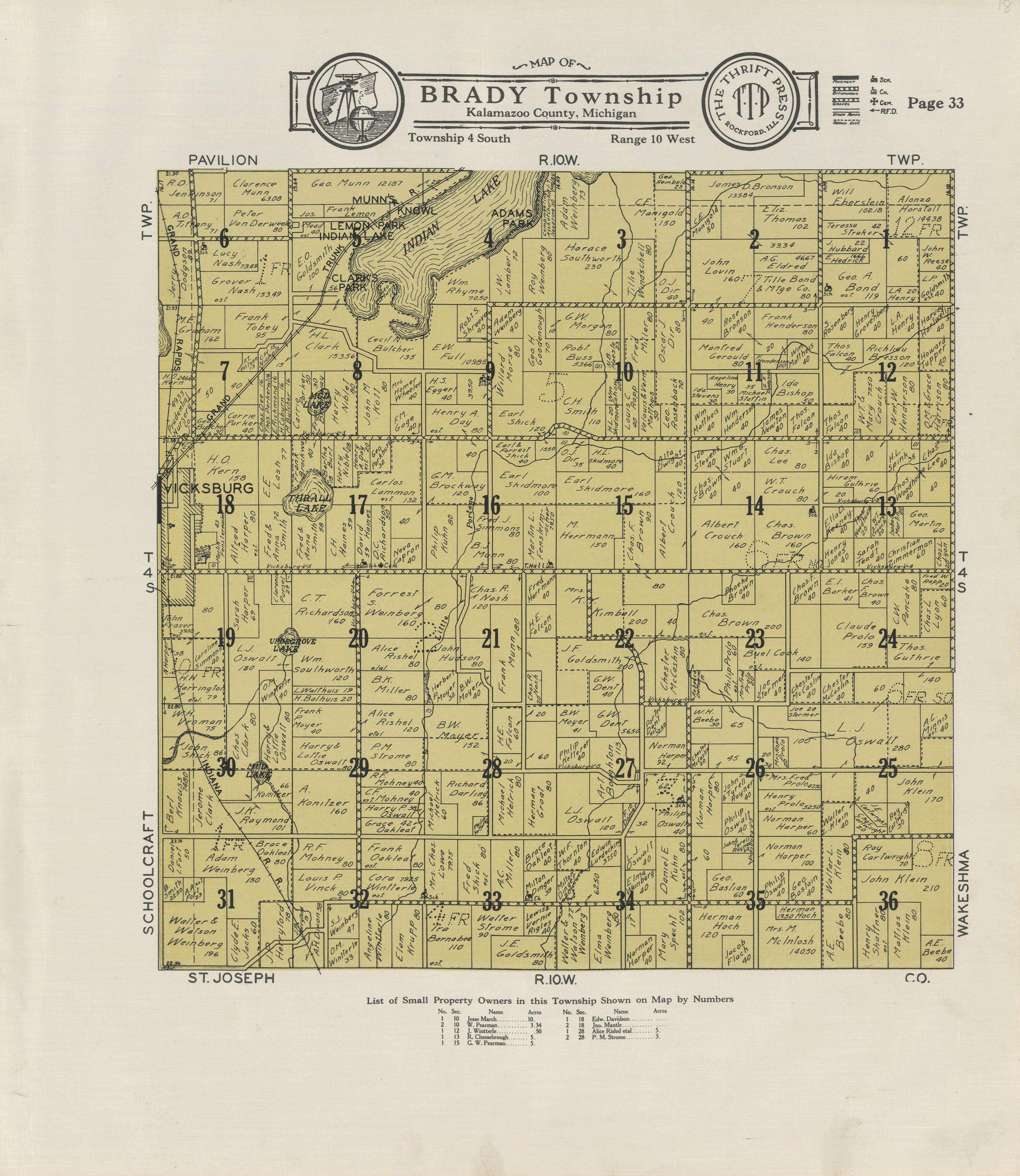 Map of Brady Township from Plat Book of Kalamazoo County, Michigan : Compiled from Surveys and the Public Records of Kalamazoo County, Michigan 1928 by Relic Map Company