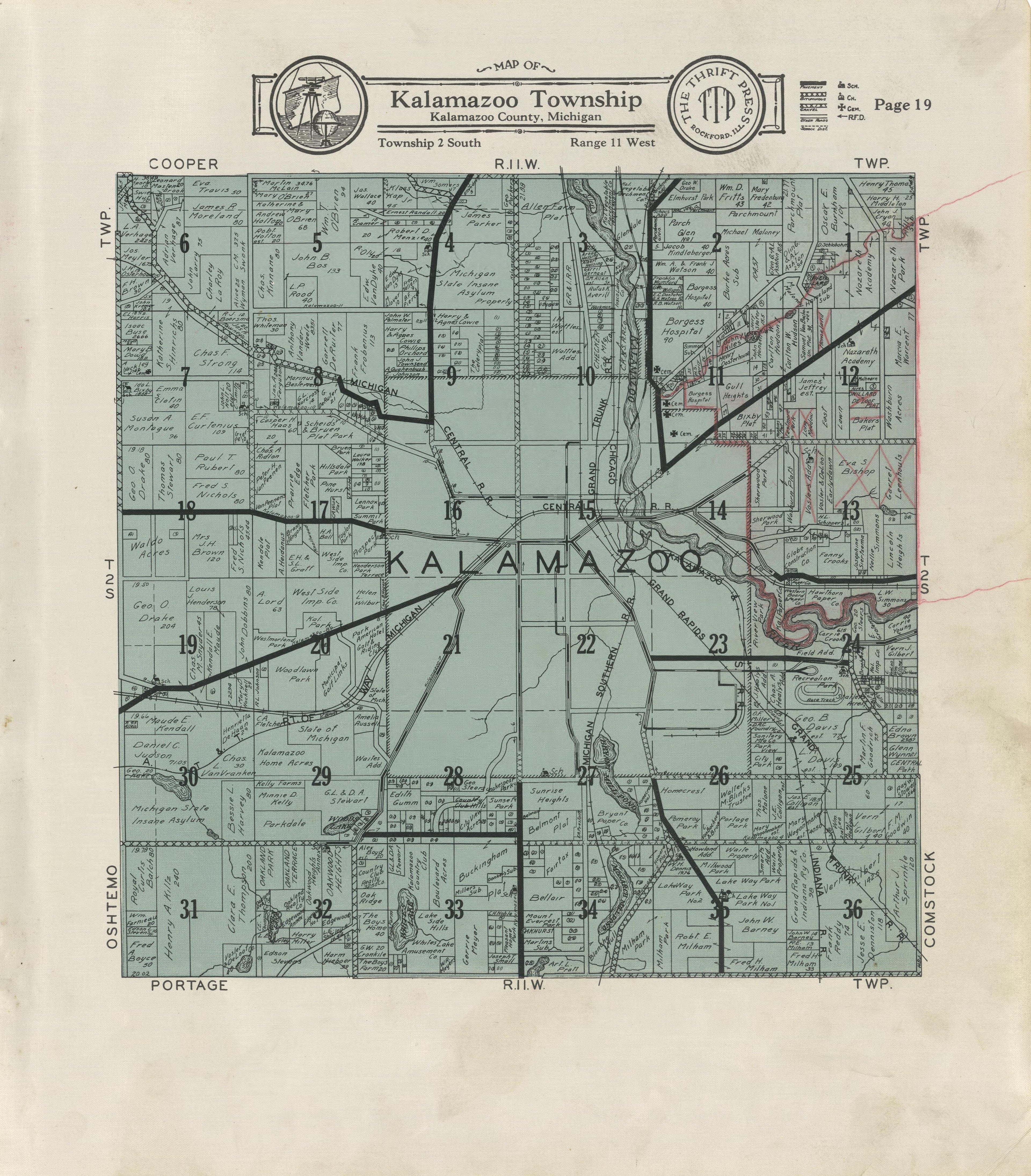 Map of Kalamazoo Township from Plat Book of Kalamazoo County, Michigan : Compiled from Surveys and the Public Records of Kalamazoo County, Michigan 1928 by Relic Map Company