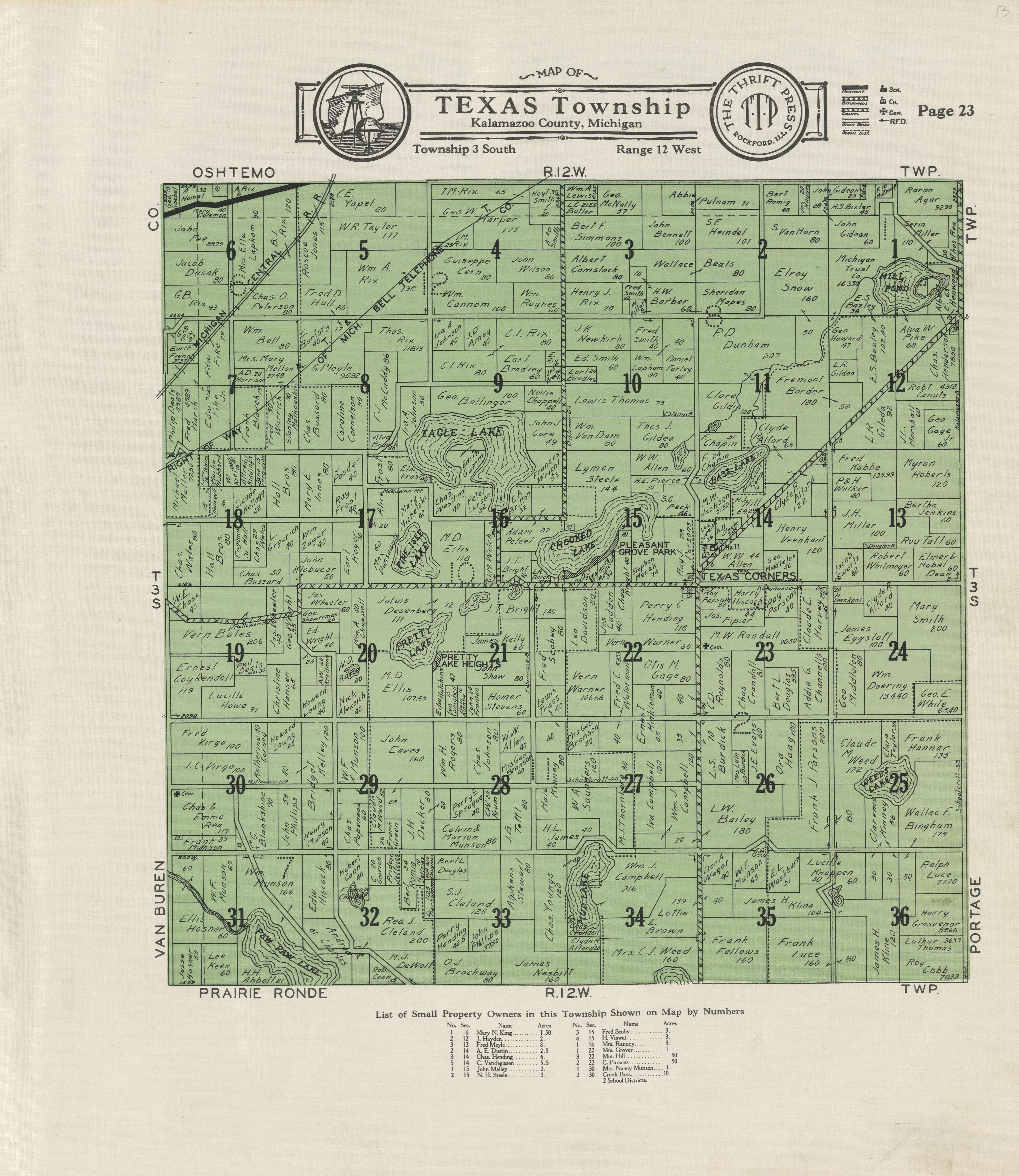 Map of Texas Township from Plat Book of Kalamazoo County, Michigan : Compiled from Surveys and the Public Records of Kalamazoo County, Michigan 1928 by Relic Map Company