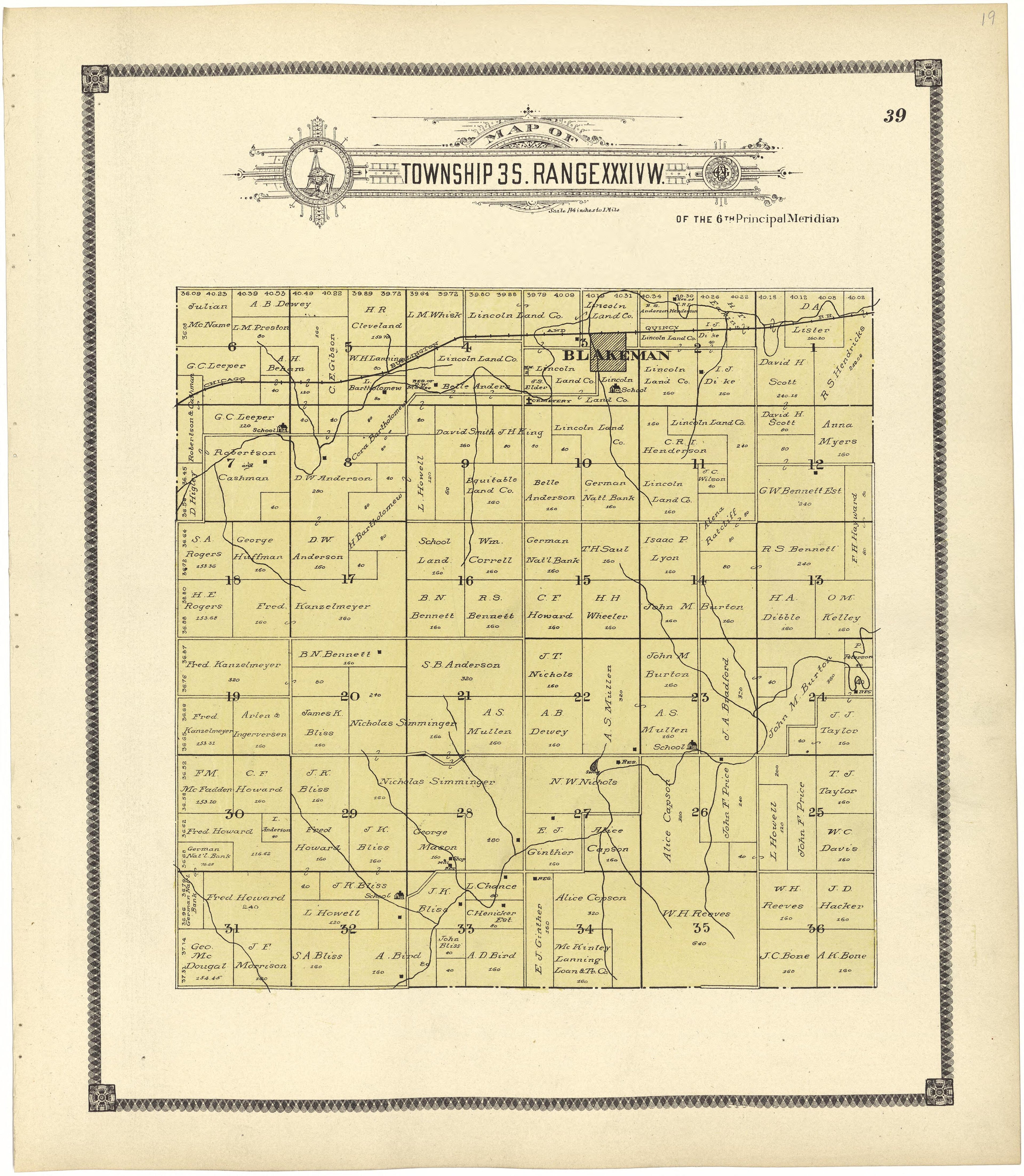 Map of Township 3 S. Range XXXIV W. from Standard Atlas of Rawlins County, Kansas : Including a Plat Book of the Villages, Cities and Townships of the County, Map of the State, United States and World, Patrons Directory, Reference Business … 1906 by Relic Map Company