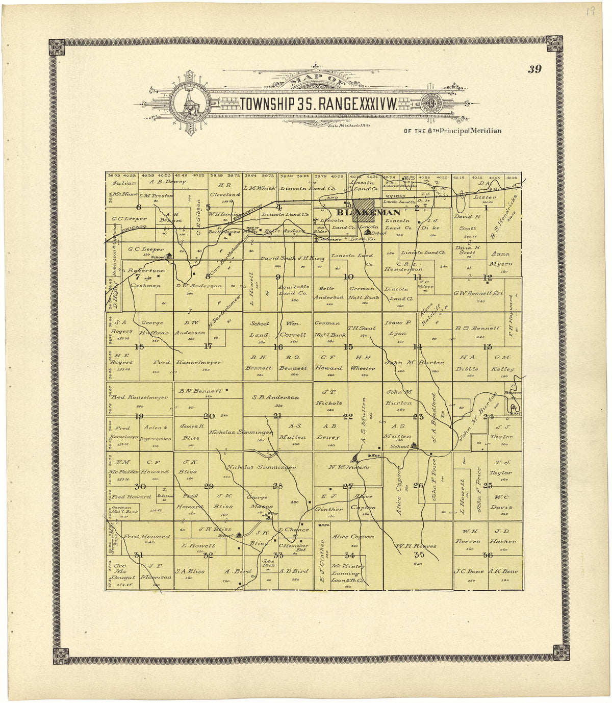 Map of Township 3 S. Range XXXIV W. from Standard Atlas of Rawlins County, Kansas : Including a Plat Book of the Villages, Cities and Townships of the County, Map of the State, United States and World, Patrons Directory, Reference Business … 1906 by Relic Map Company