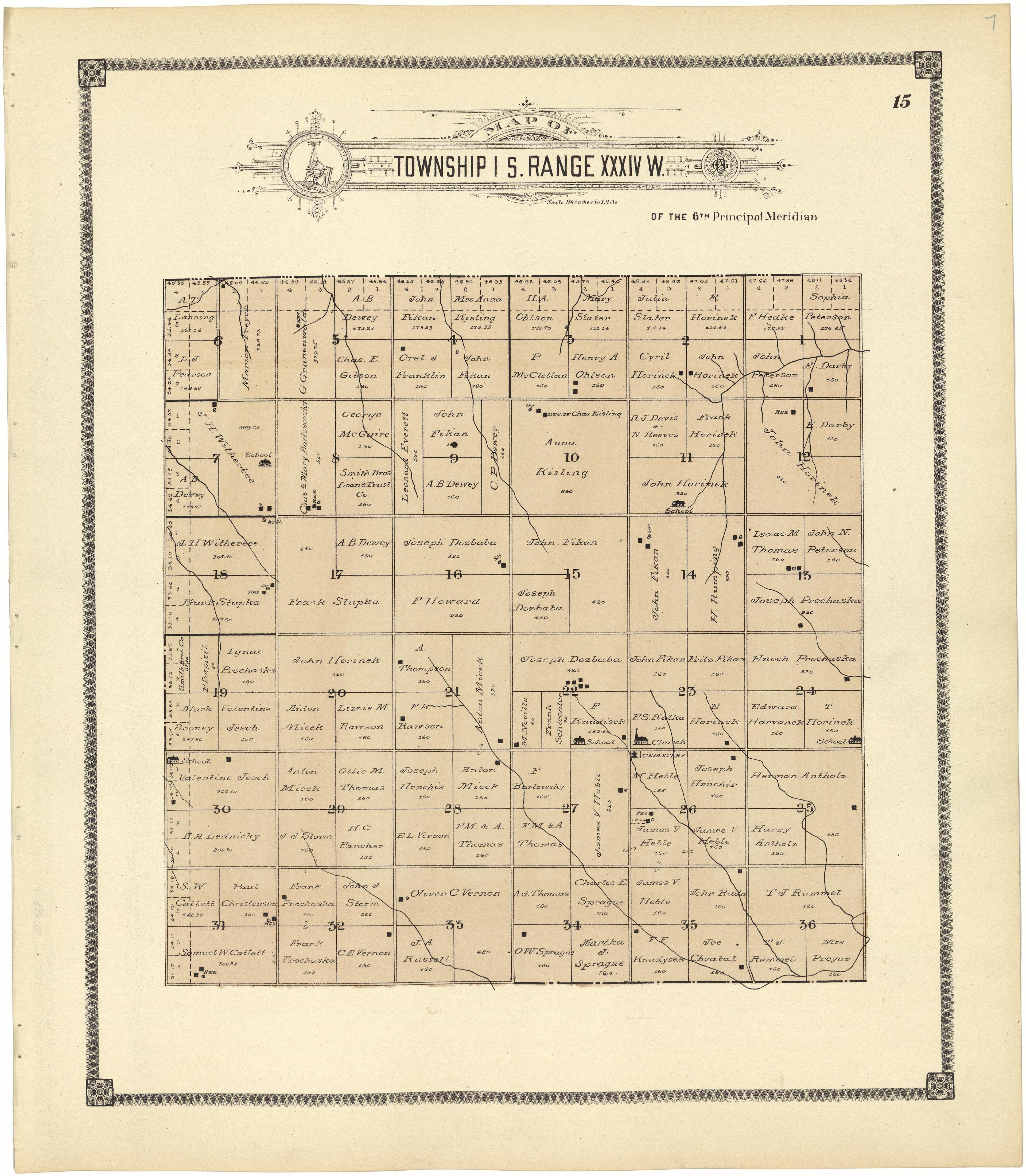 Map of Township 1 S. Range XXXIV W. from Standard Atlas of Rawlins County, Kansas : Including a Plat Book of the Villages, Cities and Townships of the County, Map of the State, United States and World, Patrons Directory, Reference Business … 1906 by Relic Map Company