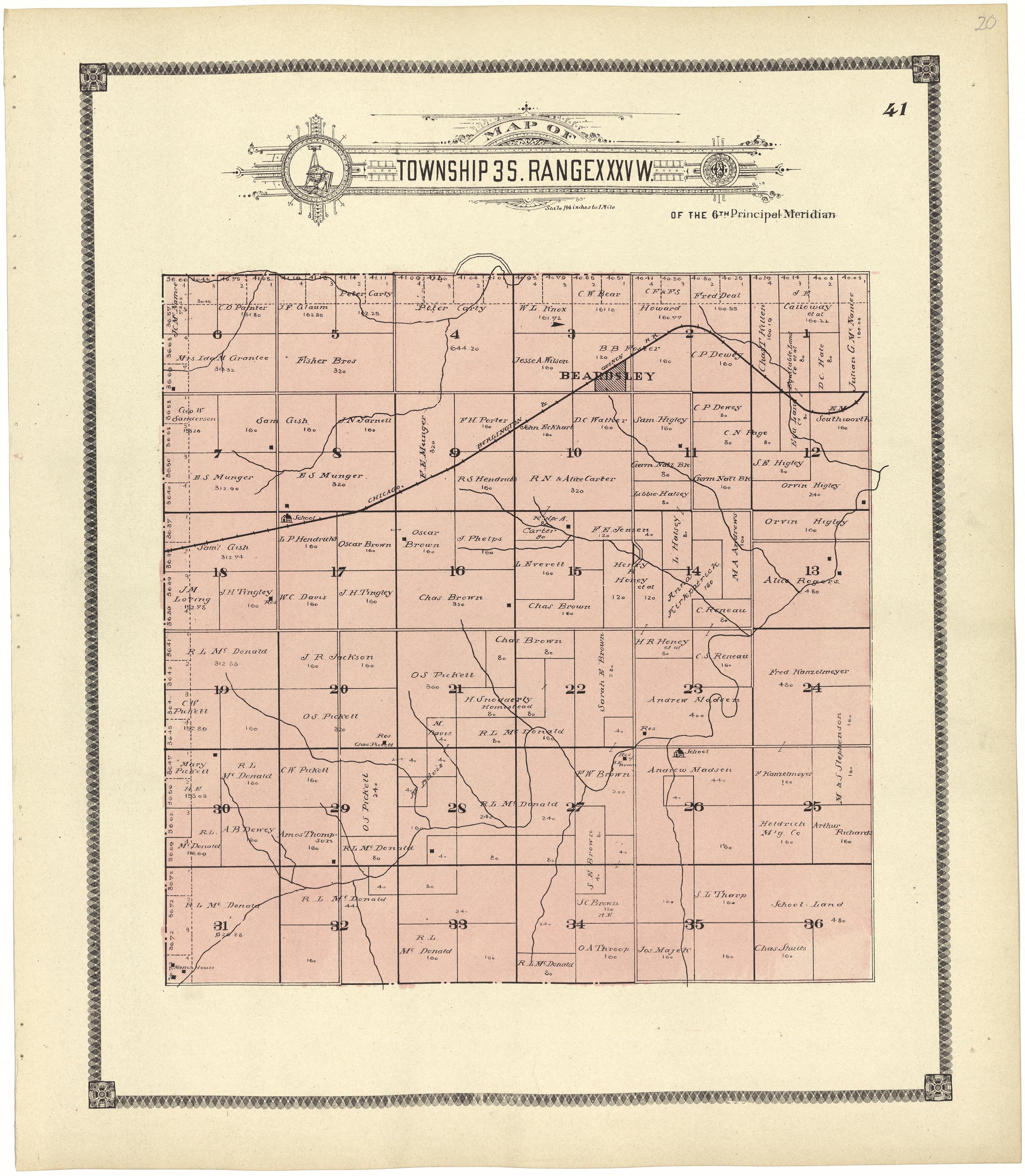 Map of Township 3 S. Range XXXV W. from Standard Atlas of Rawlins County, Kansas : Including a Plat Book of the Villages, Cities and Townships of the County, Map of the State, United States and World, Patrons Directory, Reference Business … 1906 by Relic Map Company