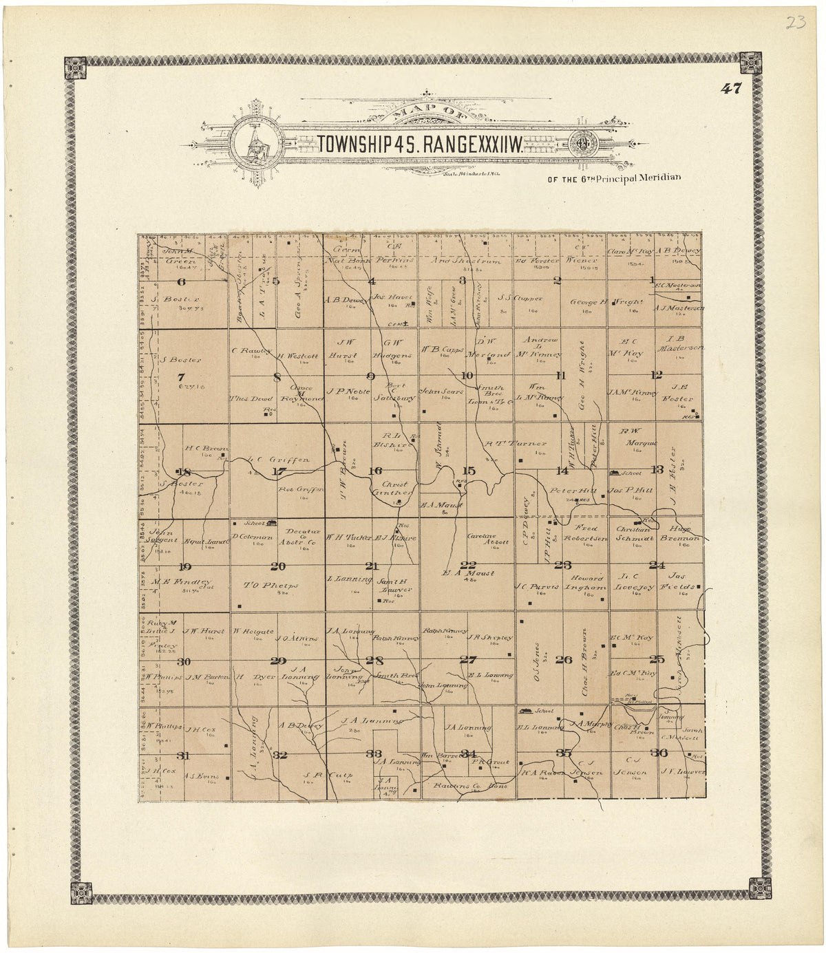 Map of Township 4 S. Range XXXII W. from Standard Atlas of Rawlins County, Kansas : Including a Plat Book of the Villages, Cities and Townships of the County, Map of the State, United States and World, Patrons Directory, Reference Business … 1906 by Relic Map Company
