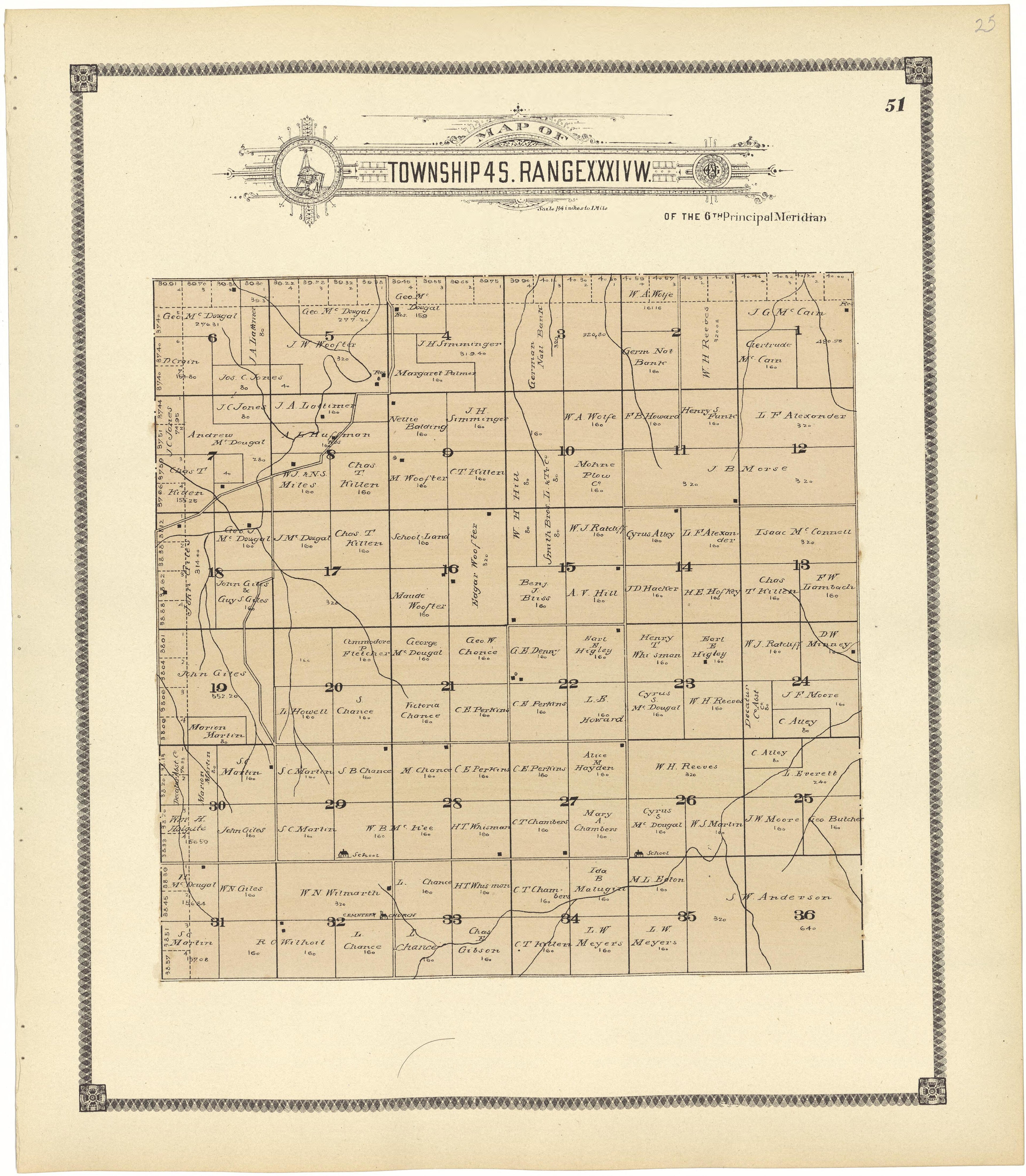 Map of Township 4 S. Range XXXIV W. from Standard Atlas of Rawlins County, Kansas : Including a Plat Book of the Villages, Cities and Townships of the County, Map of the State, United States and World, Patrons Directory, Reference Business … 1906 by Relic Map Company