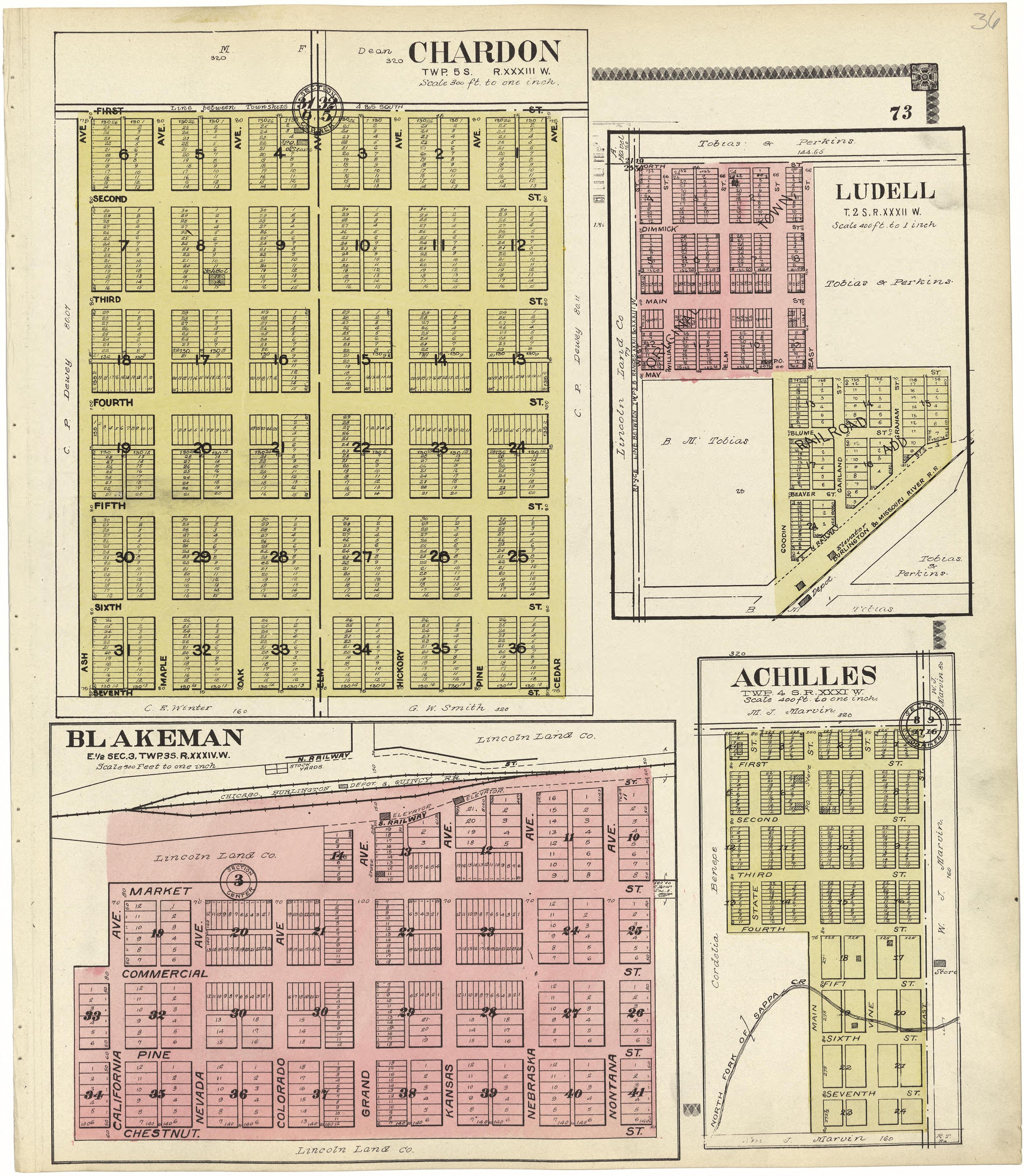 Chardon; Ludell; Blakeman; Achilles from Standard Atlas of Rawlins County, Kansas : Including a Plat Book of the Villages, Cities and Townships of the County, Map of the State, United States and World, Patrons Directory, Reference Business … 1906 by Relic Map Company