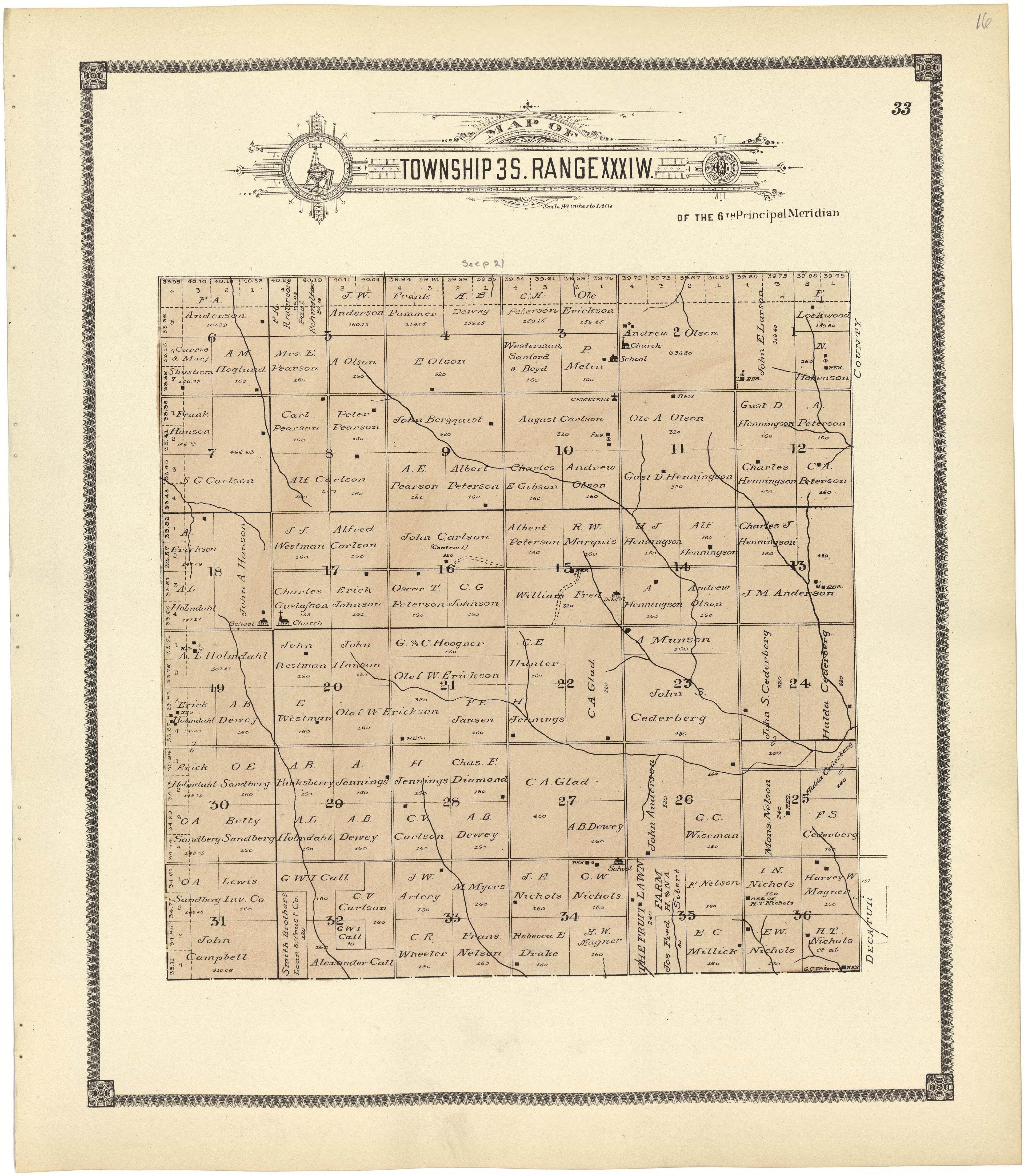 Map of Township 3 S. Range XXXI W. from Standard Atlas of Rawlins County, Kansas : Including a Plat Book of the Villages, Cities and Townships of the County, Map of the State, United States and World, Patrons Directory, Reference Business … 1906 by Relic Map Company