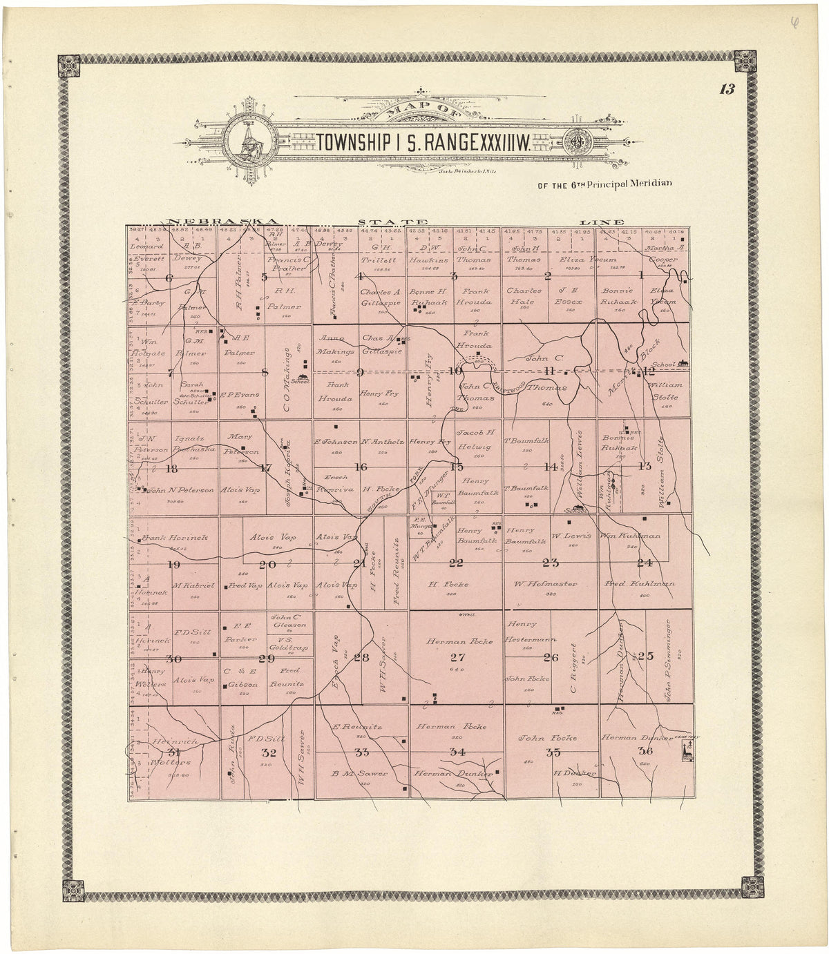 Map of Township 1 S. Range XXXIII W. from Standard Atlas of Rawlins County, Kansas : Including a Plat Book of the Villages, Cities and Townships of the County, Map of the State, United States and World, Patrons Directory, Reference Business … 1906 by Relic Map Company