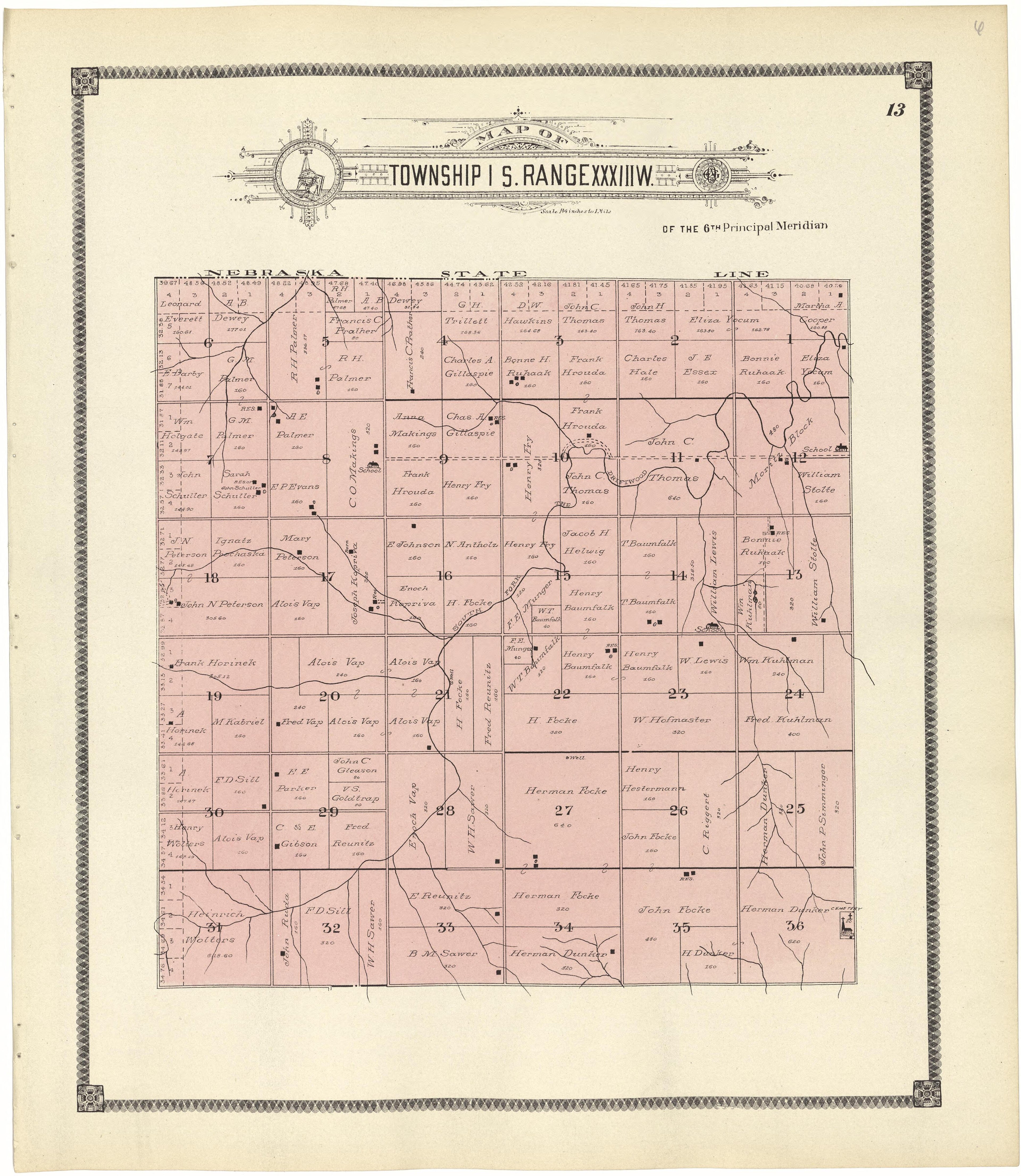 Map of Township 1 S. Range XXXIII W. from Standard Atlas of Rawlins County, Kansas : Including a Plat Book of the Villages, Cities and Townships of the County, Map of the State, United States and World, Patrons Directory, Reference Business … 1906 by Relic Map Company