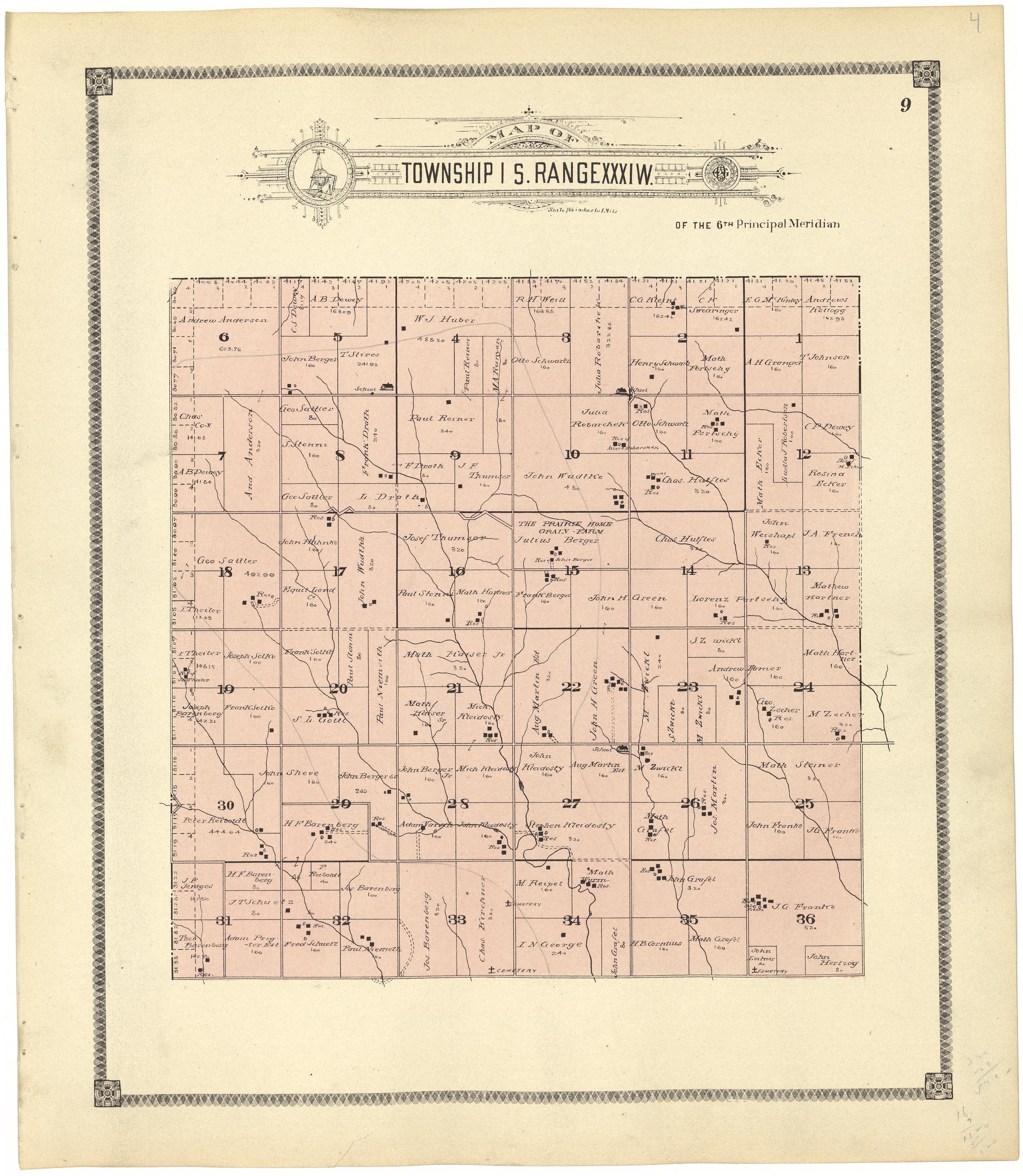 Map of Township 1 S. Range XXXI W. from Standard Atlas of Rawlins County, Kansas : Including a Plat Book of the Villages, Cities and Townships of the County, Map of the State, United States and World, Patrons Directory, Reference Business … 1906 by Relic Map Company