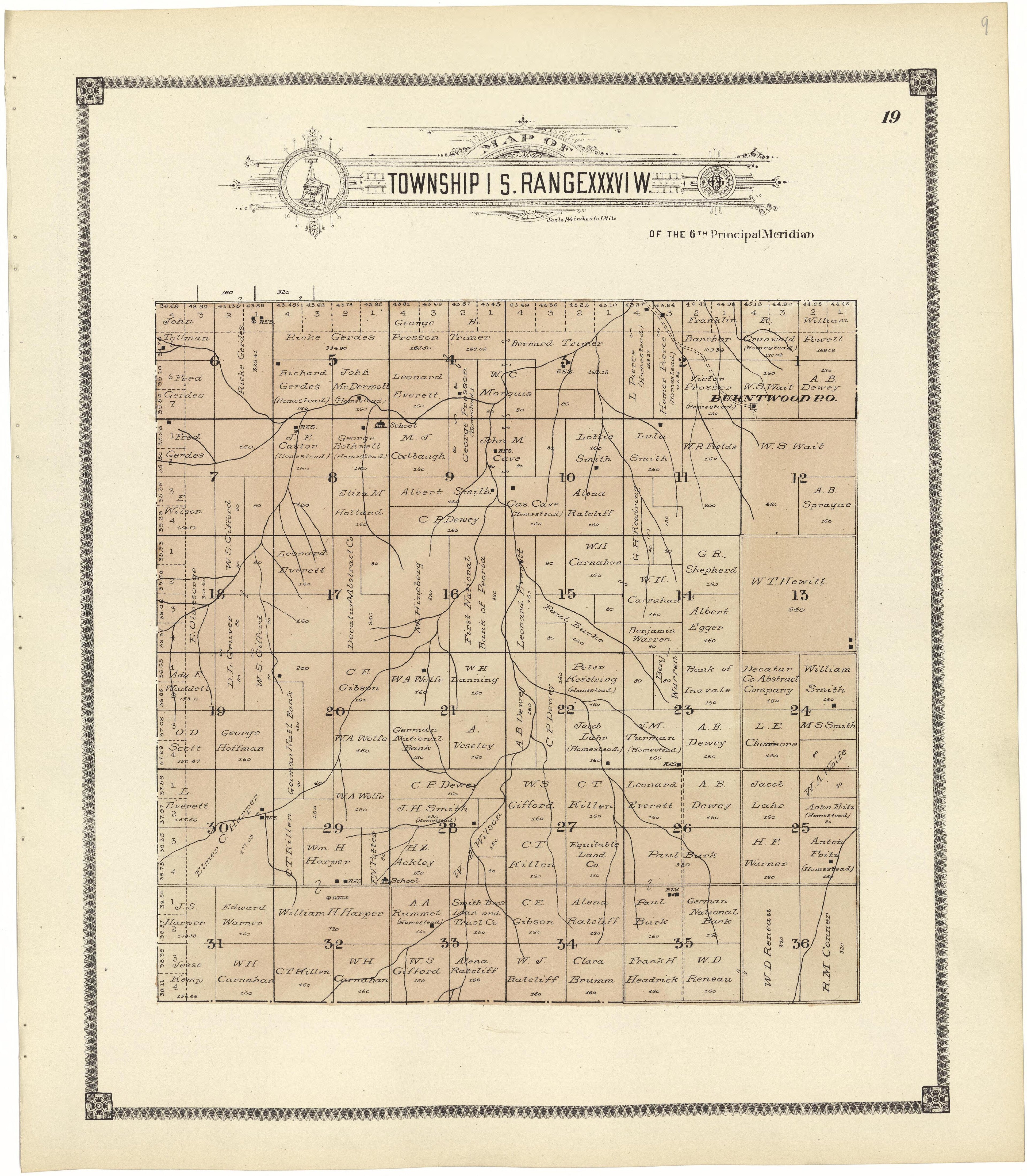 Map of Township 1 S. Range XXXVI W. from Standard Atlas of Rawlins County, Kansas : Including a Plat Book of the Villages, Cities and Townships of the County, Map of the State, United States and World, Patrons Directory, Reference Business … 1906 by Relic Map Company
