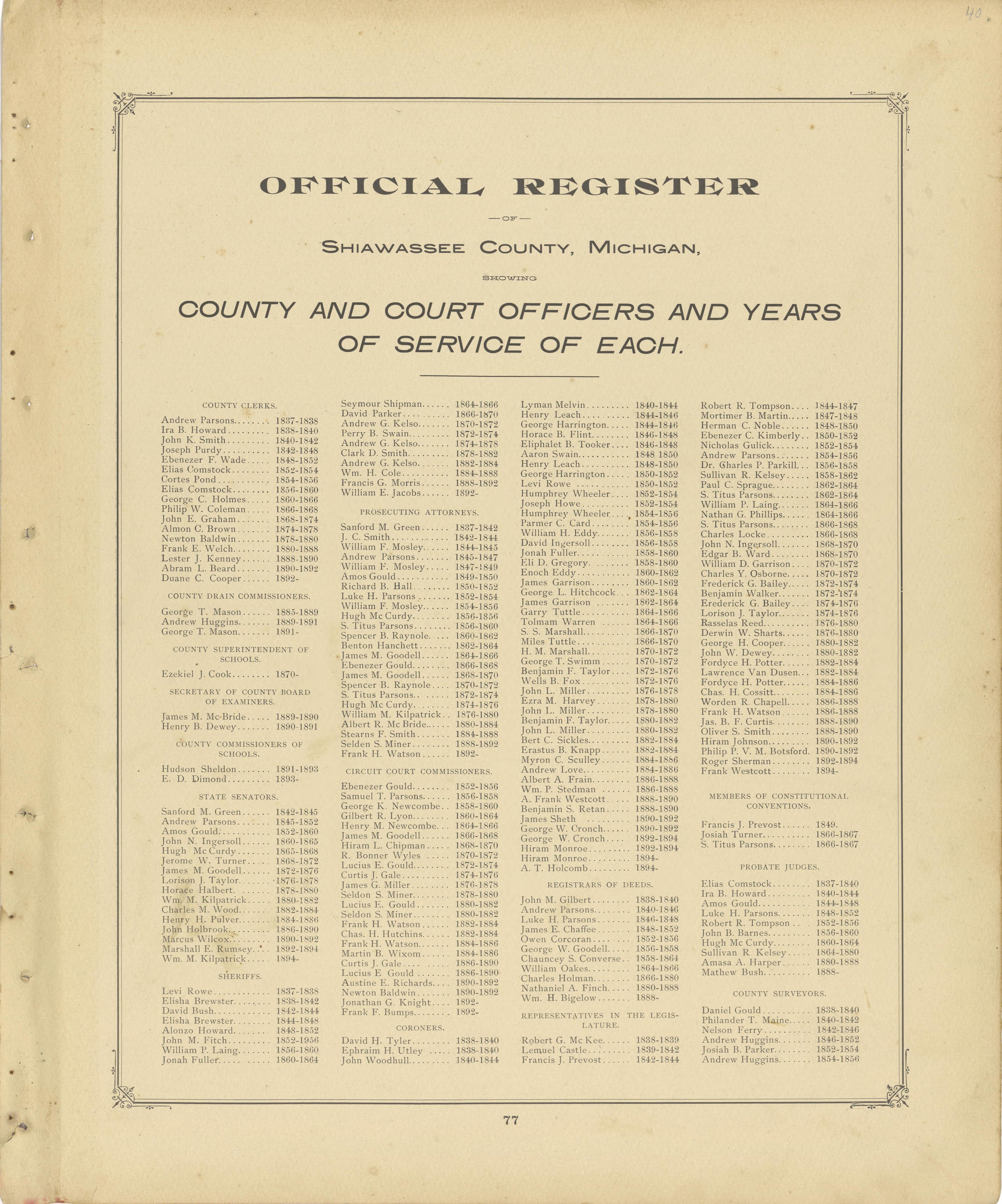 Official Register of Shiawassee County from Illustrated Atlas of Shiawassee County, Michigan : Compiled and Published from Recent Surveys, Official Records and Personal Examinations : Including Brief Biographical Sketches of Enterprising Citizens 1895 by Relic Map Company