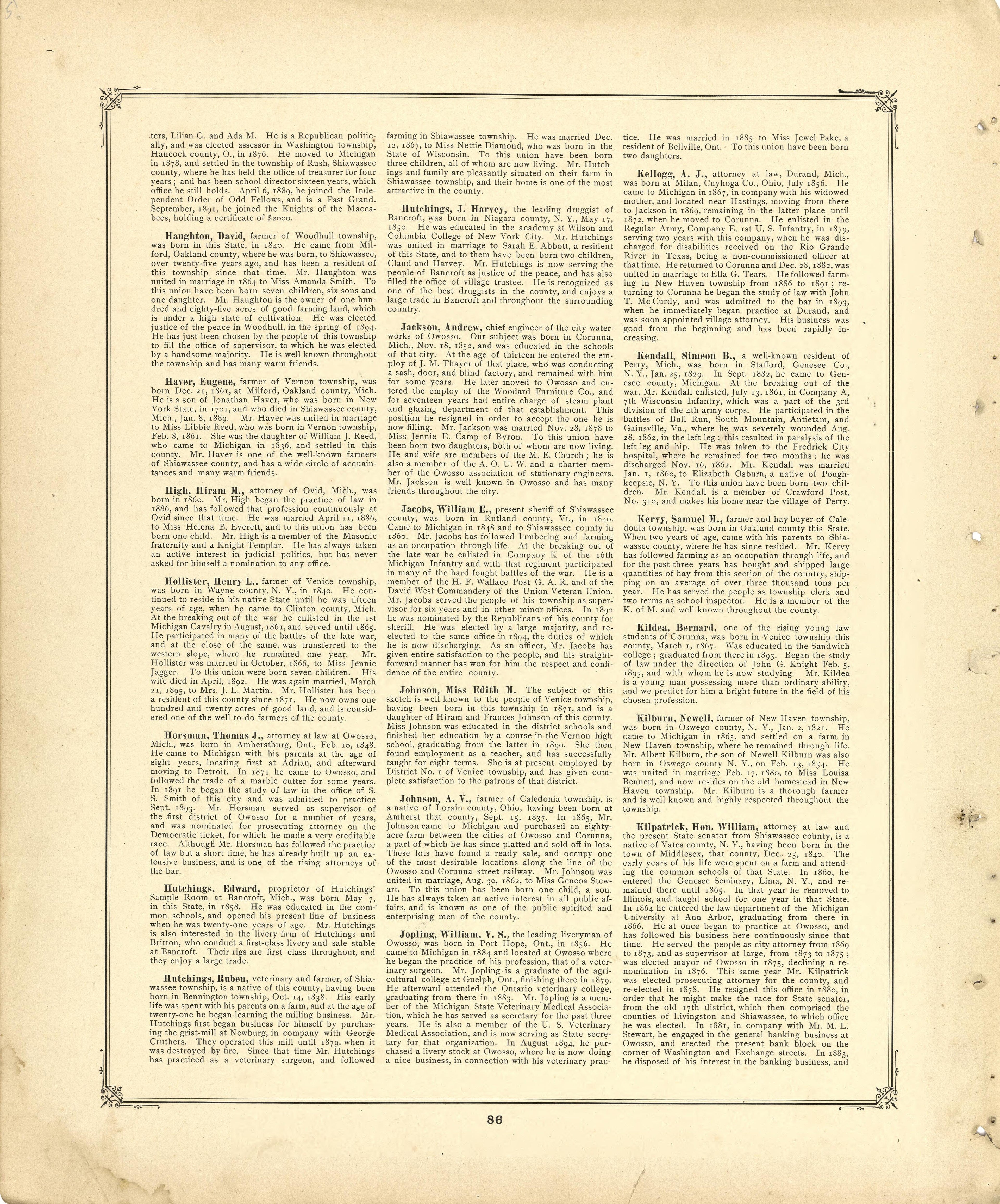 Biographies Continued from Illustrated Atlas of Shiawassee County, Michigan : Compiled and Published from Recent Surveys, Official Records and Personal Examinations : Including Brief Biographical Sketches of Enterprising Citizens 1895 by Relic Map Company