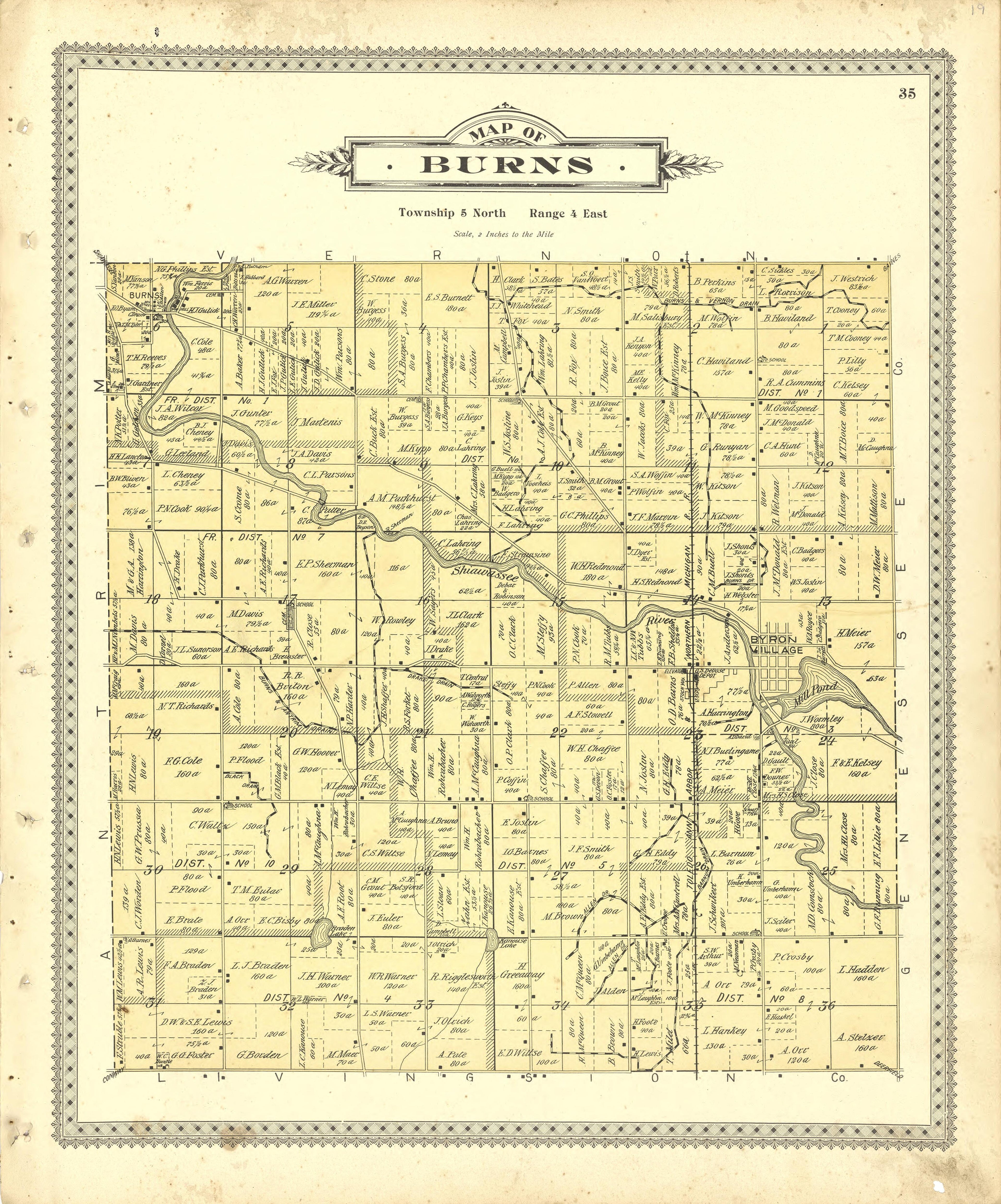 Map of Burns from Illustrated Atlas of Shiawassee County, Michigan : Compiled and Published from Recent Surveys, Official Records and Personal Examinations : Including Brief Biographical Sketches of Enterprising Citizens 1895 by Relic Map Company