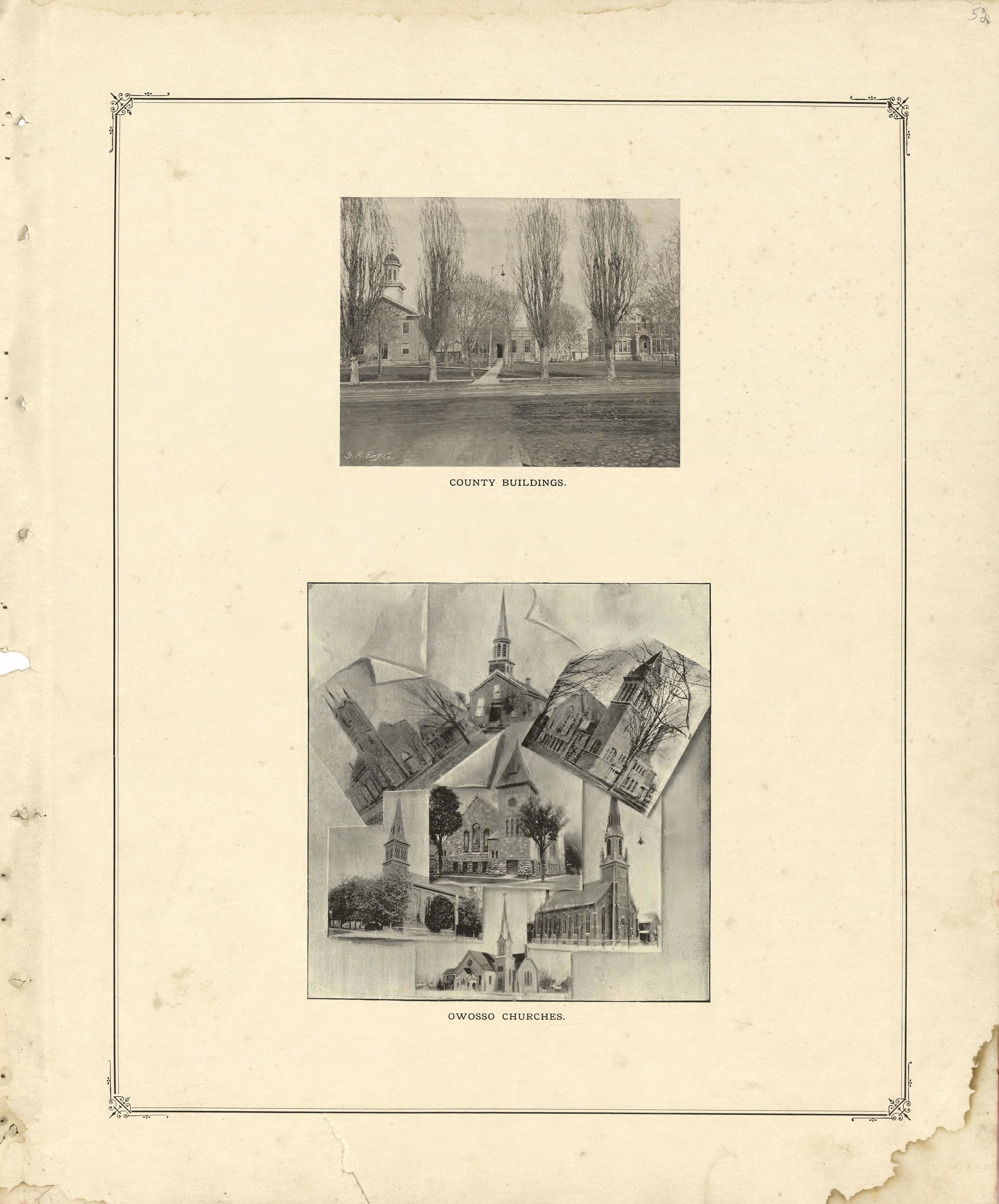 County Buildings; Owosso Churches from Illustrated Atlas of Shiawassee County, Michigan : Compiled and Published from Recent Surveys, Official Records and Personal Examinations : Including Brief Biographical Sketches of Enterprising Citizens 1895 by Relic Map Company