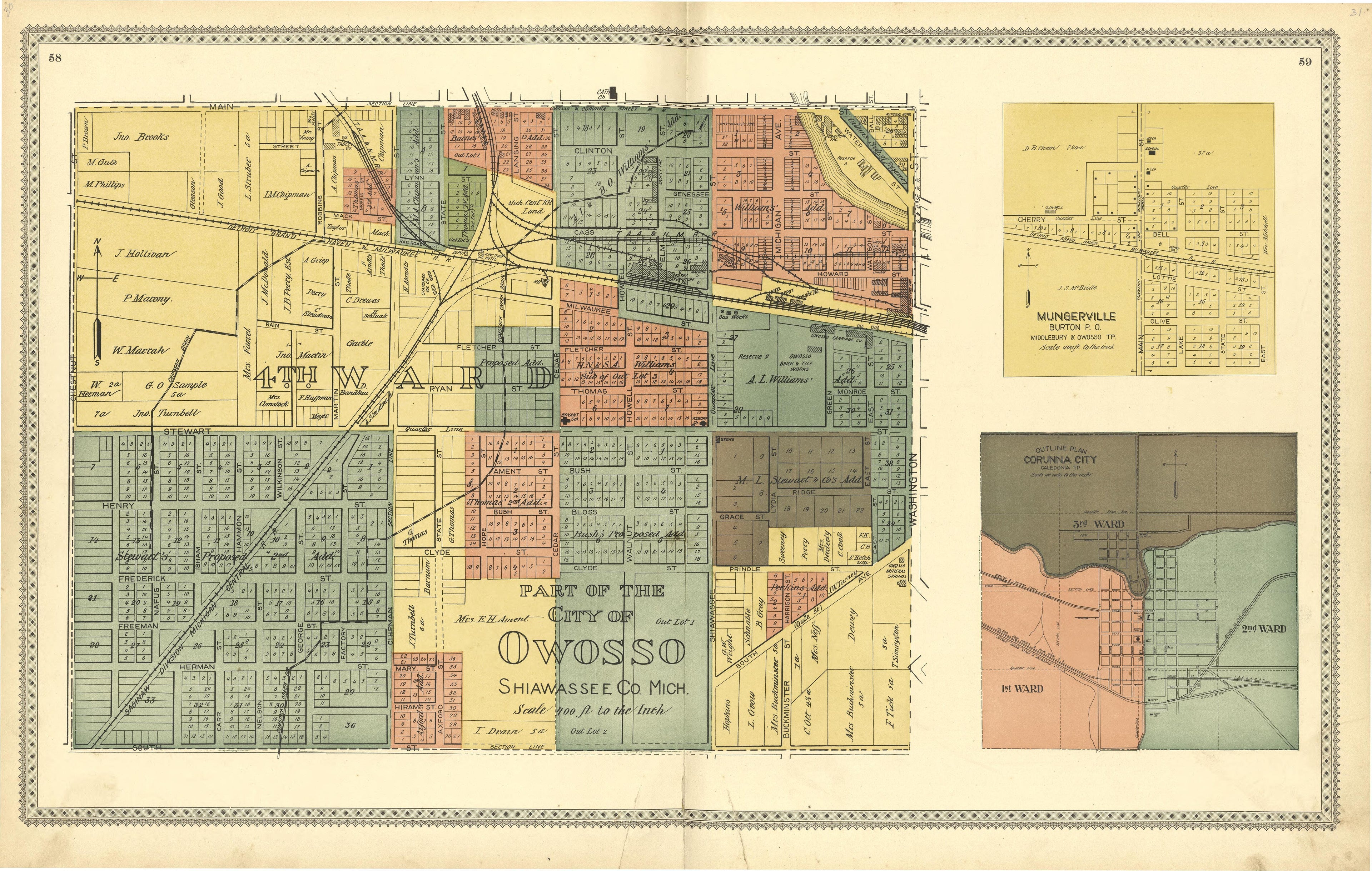 Part of the City of Owosso Shiawassee County Mich from Illustrated Atlas of Shiawassee County, Michigan : Compiled and Published from Recent Surveys, Official Records and Personal Examinations : Including Brief Biographical Sketches of Enterprising Ci... by Relic Map Company