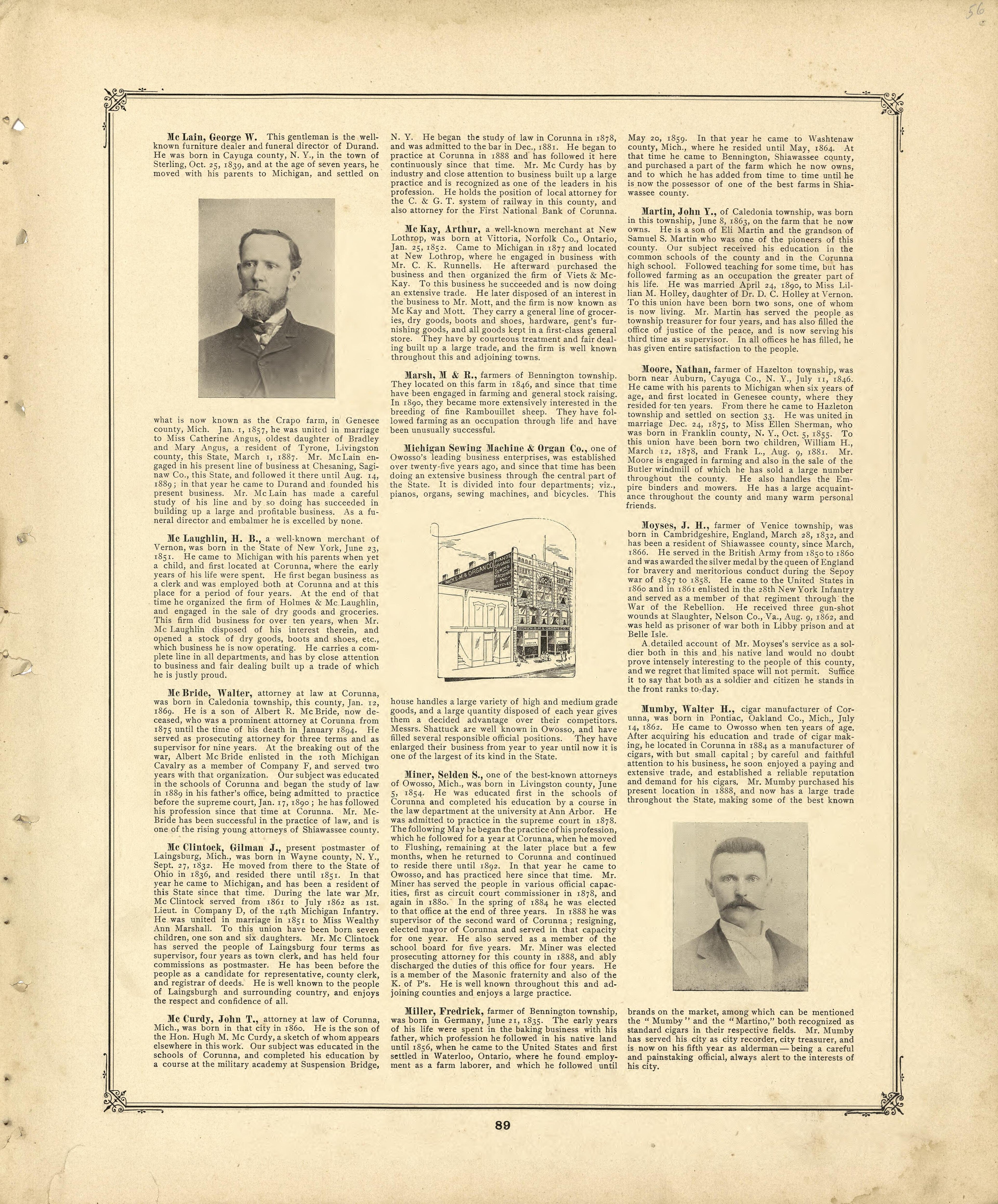 Biographies Continued from Illustrated Atlas of Shiawassee County, Michigan : Compiled and Published from Recent Surveys, Official Records and Personal Examinations : Including Brief Biographical Sketches of Enterprising Citizens 1895 by Relic Map Company