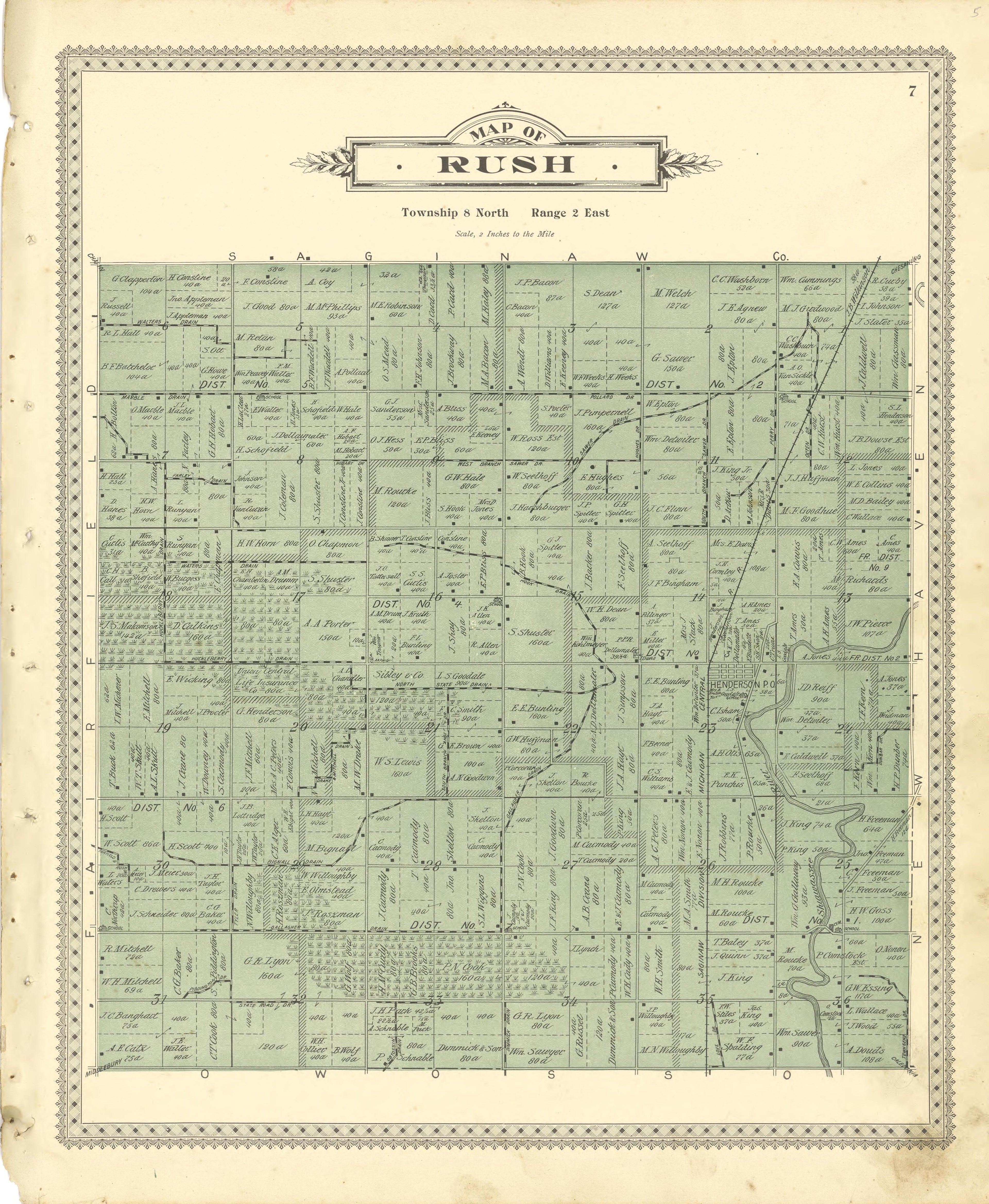 Map of Rush from Illustrated Atlas of Shiawassee County, Michigan : Compiled and Published from Recent Surveys, Official Records and Personal Examinations : Including Brief Biographical Sketches of Enterprising Citizens 1895 by Relic Map Company