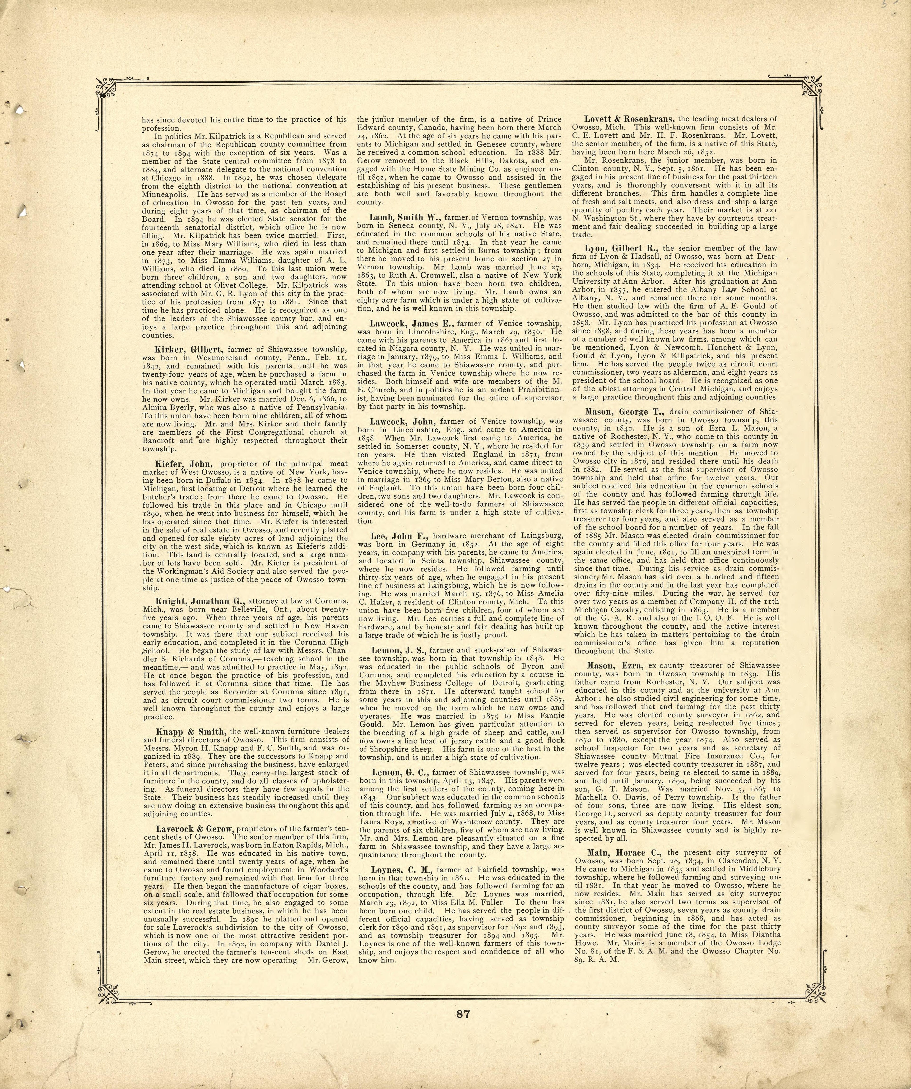 Biographies Continued from Illustrated Atlas of Shiawassee County, Michigan : Compiled and Published from Recent Surveys, Official Records and Personal Examinations : Including Brief Biographical Sketches of Enterprising Citizens 1895 by Relic Map Company