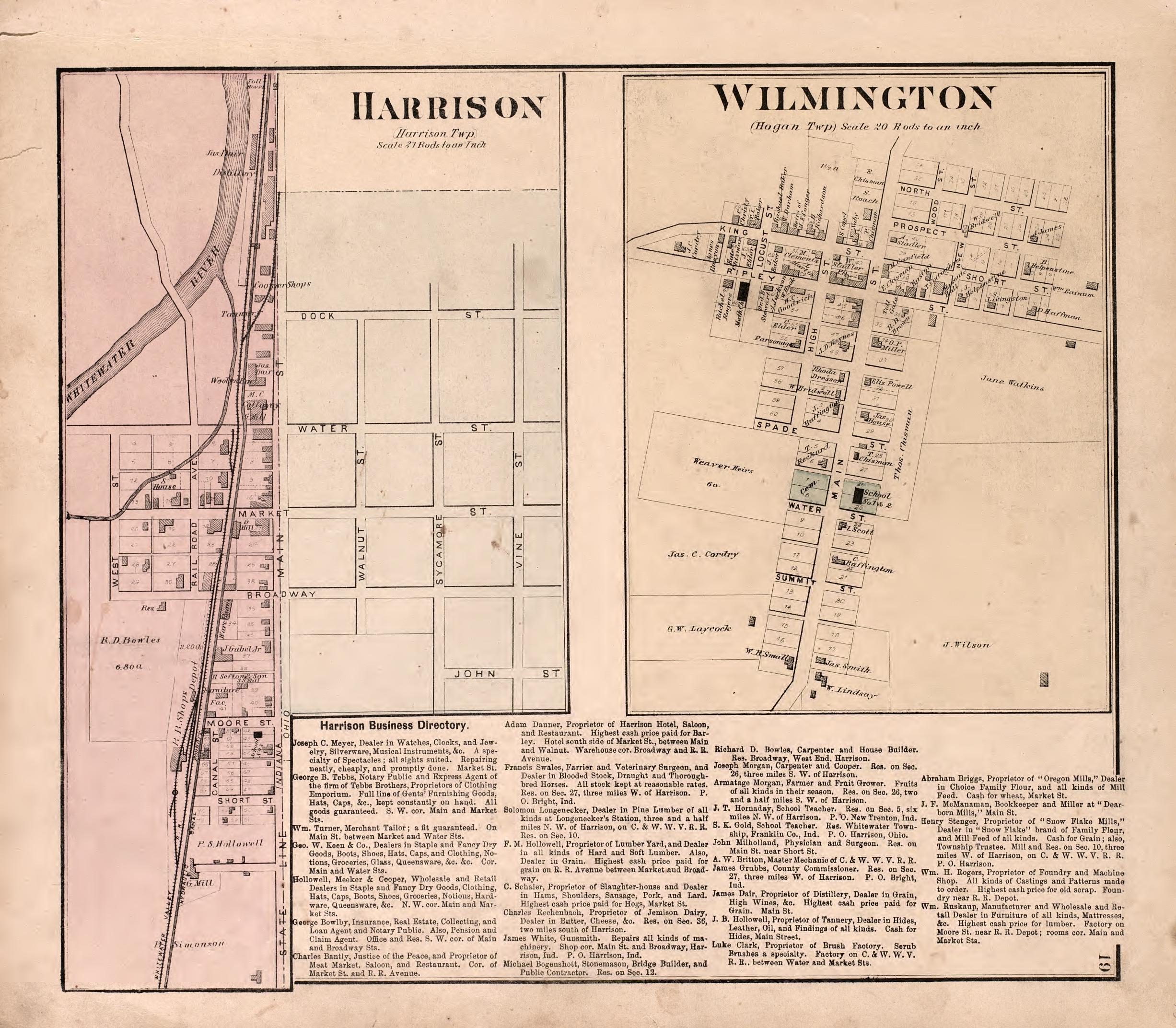 Harrison and Wilmington from Atlas of Dearborn County, Indiana : to Which Is Added a Map of the State of Indiana, Also an Outline and Rail Road Map of the United States 1875 by Relic Map Company