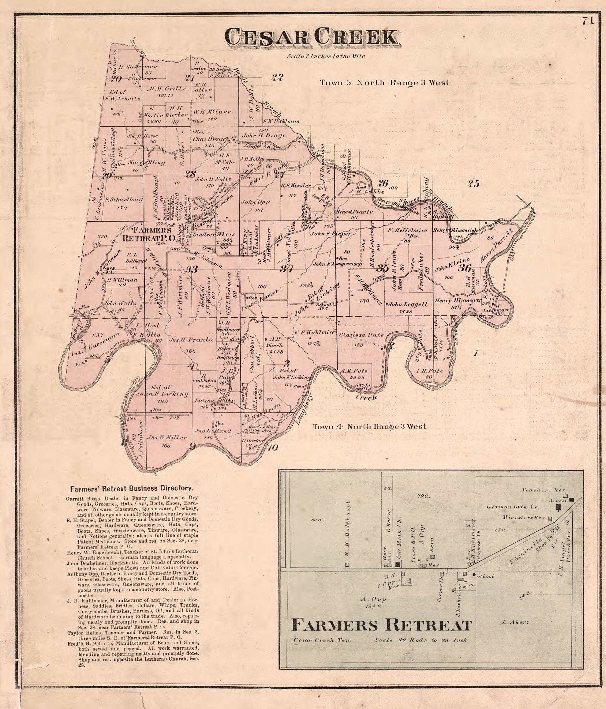 Cesar Creek and Farmers Retreat from Atlas of Dearborn County, Indiana : to Which Is Added a Map of the State of Indiana, Also an Outline and Rail Road Map of the United States 1875 by Relic Map Company