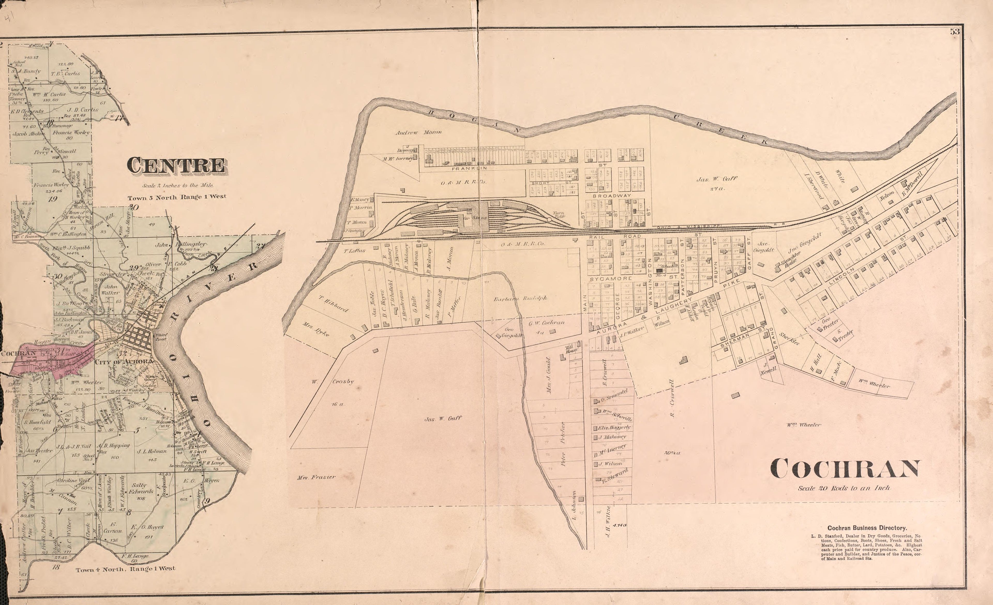Centre and Cochran from Atlas of Dearborn County, Indiana : to Which Is Added a Map of the State of Indiana, Also an Outline and Rail Road Map of the United States 1875 by Relic Map Company