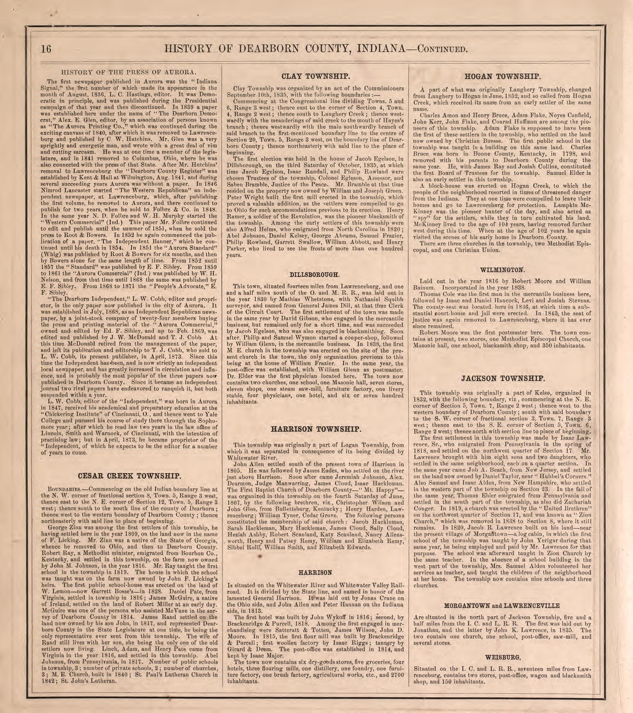 History of Dearborn County--continued from Atlas of Dearborn County, Indiana : to Which Is Added a Map of the State of Indiana, Also an Outline and Rail Road Map of the United States 1875 by Relic Map Company